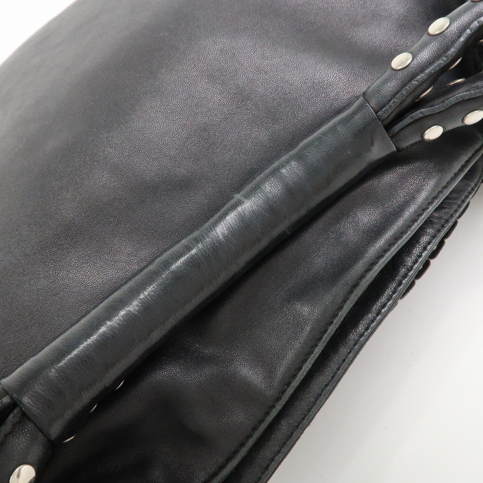 JIMMY CHOO Leather Studs Sky Bag Shoulder Bag Hand Bag Black Silver