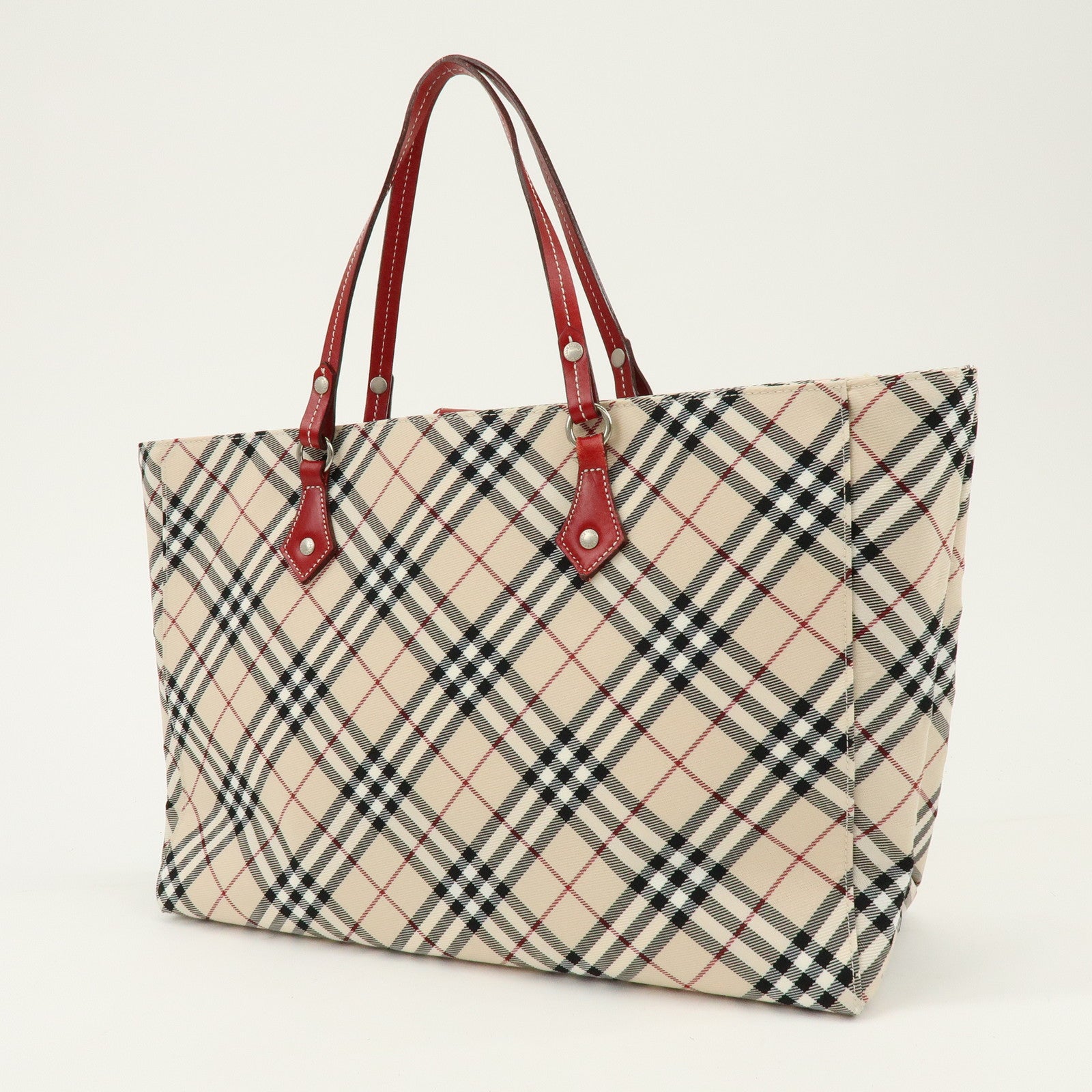 BURBERRY Blue Label Nova Plaid Nylon Leather Tote Bag Beige Red