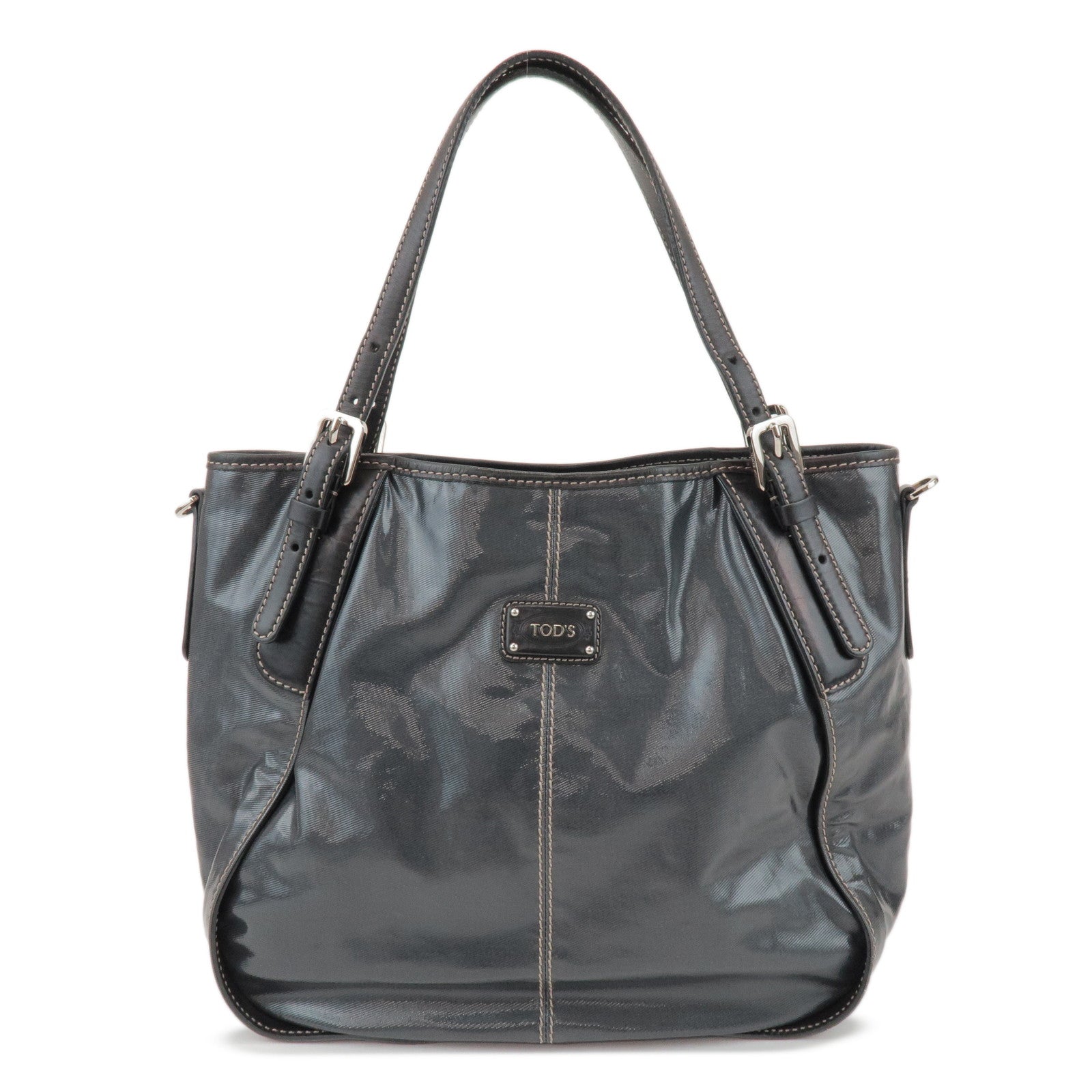 TOD'S PVC Coated Canvas Leather Tote Bag Hand Bag Black