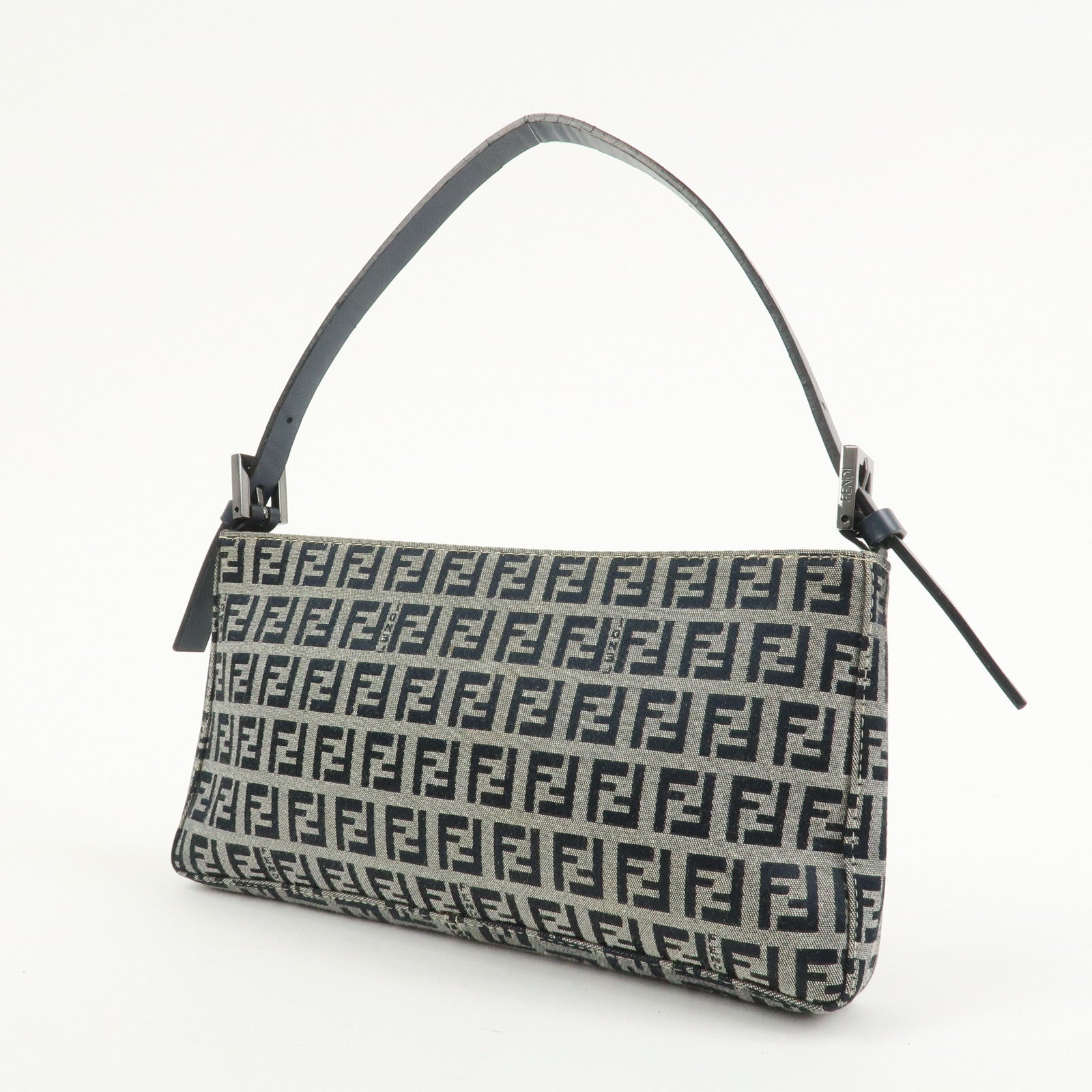 FENDI Zucchino Canvas Leather Shoulder Bag Hand Bag Navy 8BR042