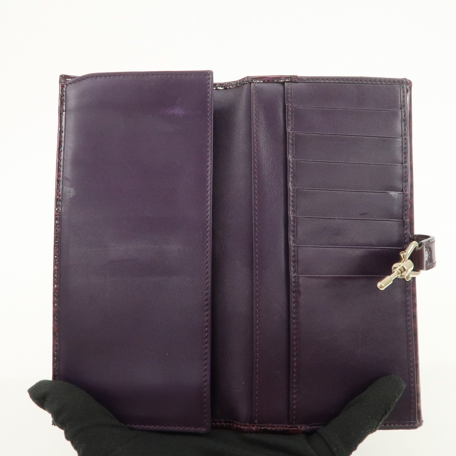 GUCCI New Jackie Logo Patent Leather Long Flap Wallet Purple 141430