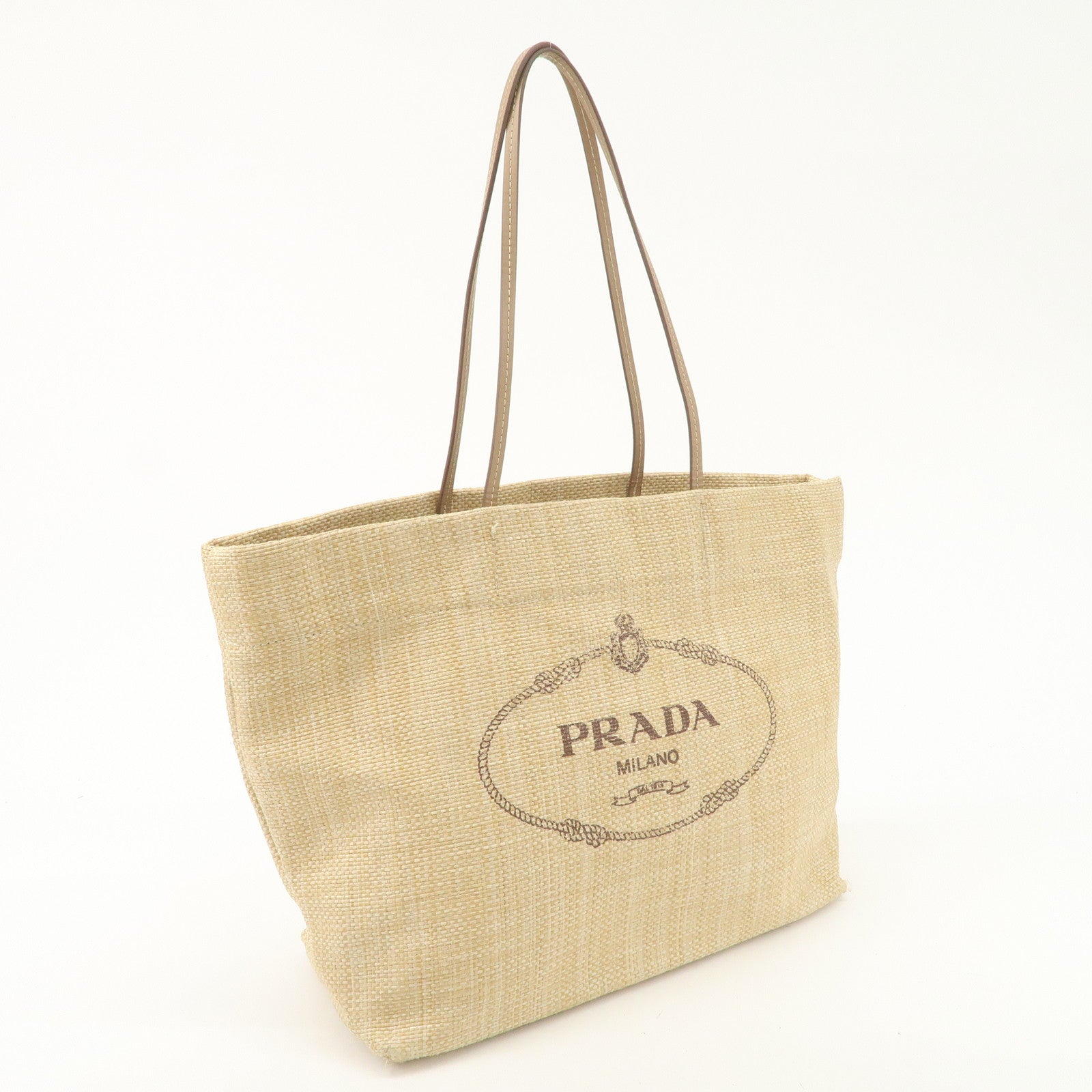PRADA Leather Raffia Straw Tote Bag Shoulder Bag Beige Used