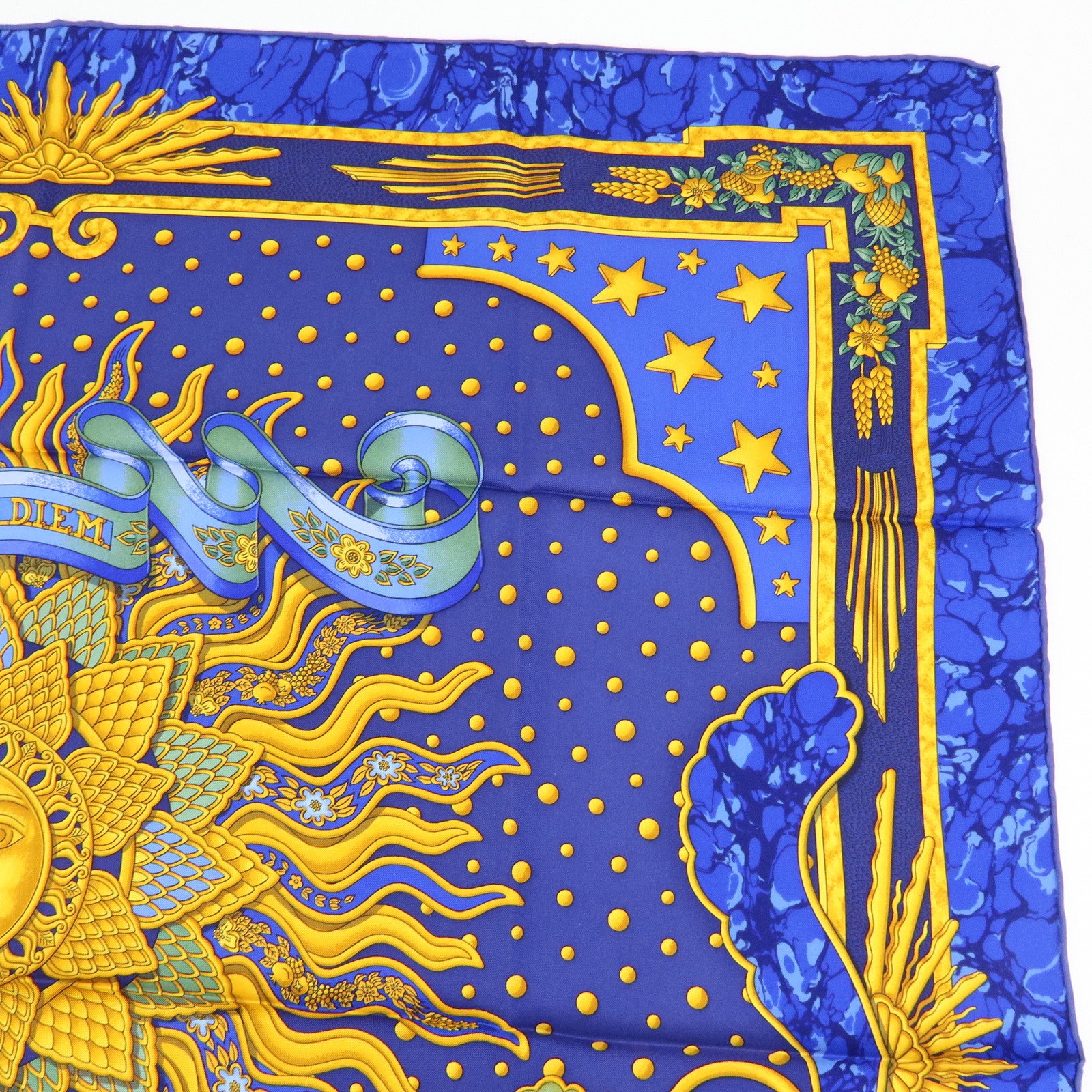 HERMES Carre 90 Silk 100% CARPE DIEM Scarf Navy Blue Yellow