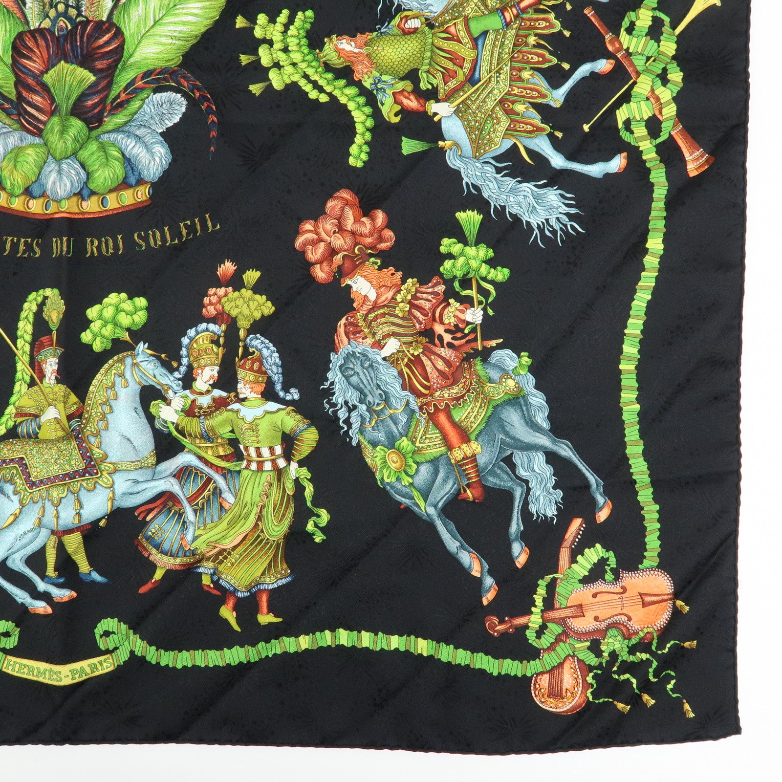 HERMES Carre 90 Silk 100% Scarf LES FETES DU ROI SOLEIL Black