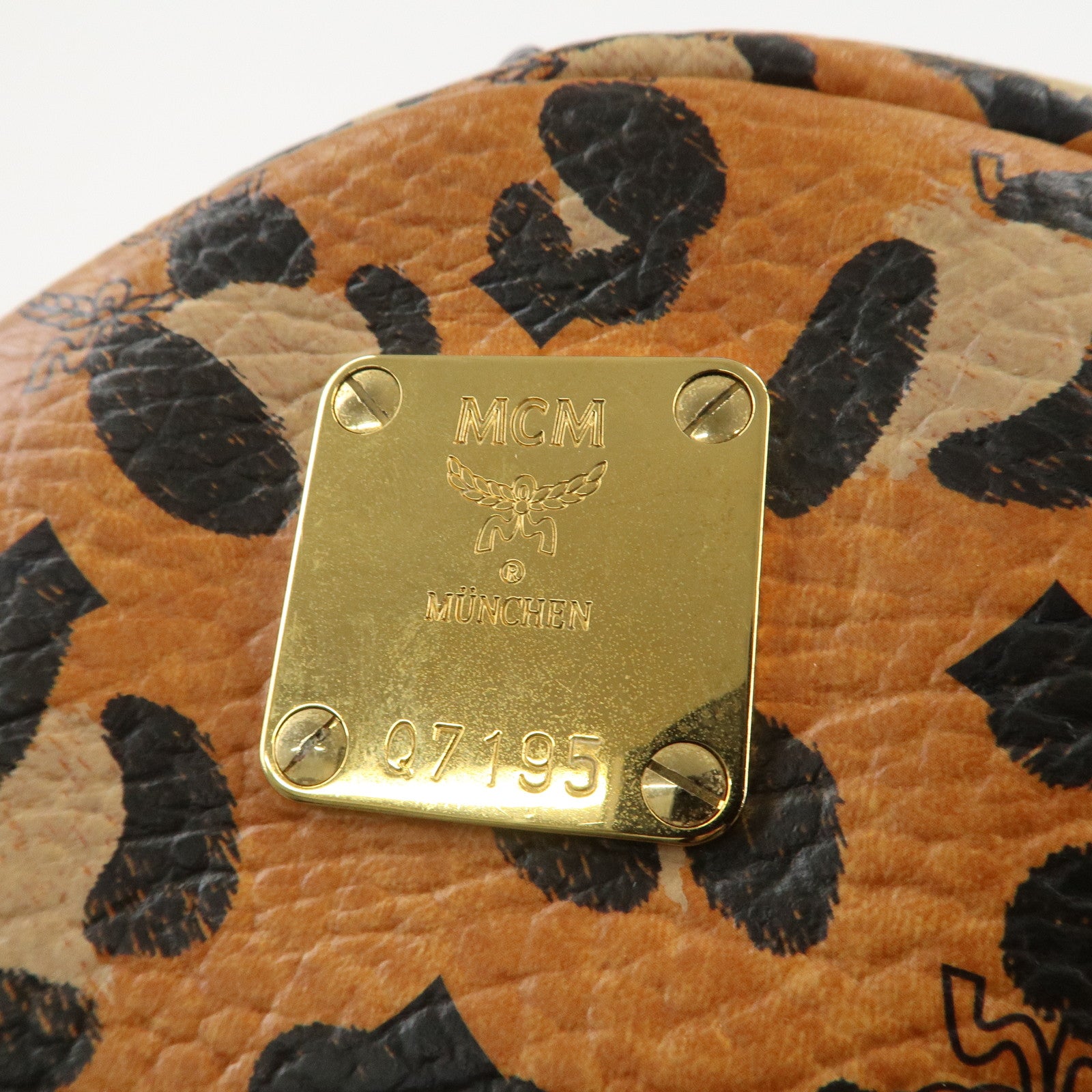 MCM Visetos Leather Leopard Back Pack Black Beige Brown Gold HDW Used
