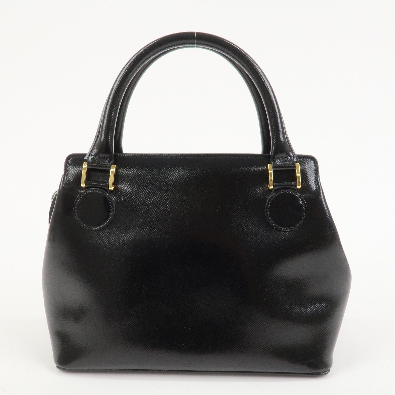 VERSACE Leather 2Way Hand Bag Shoulder Bag Black Gold