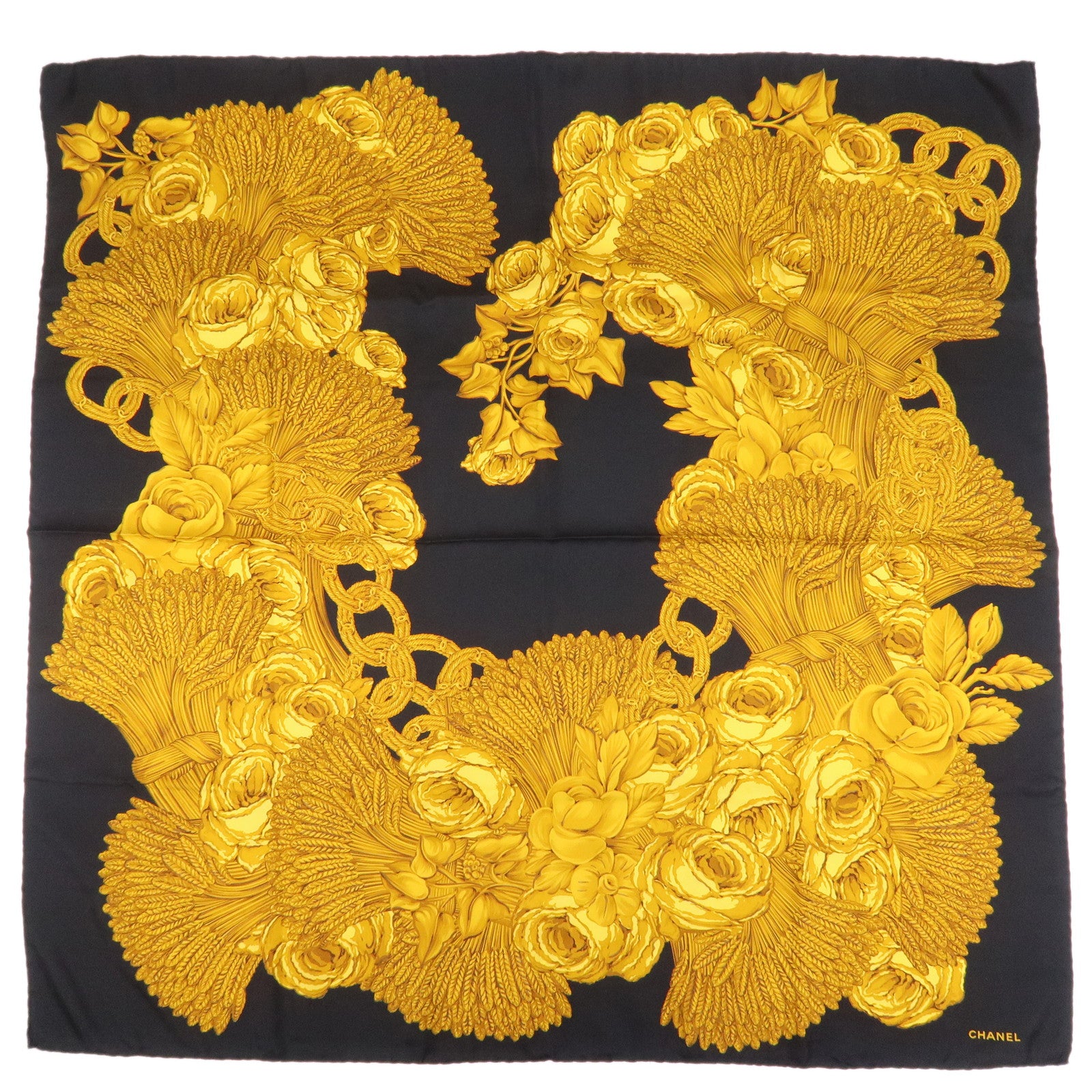 CHANEL Silk 100% Flower Chain Print Scarf Black Gold