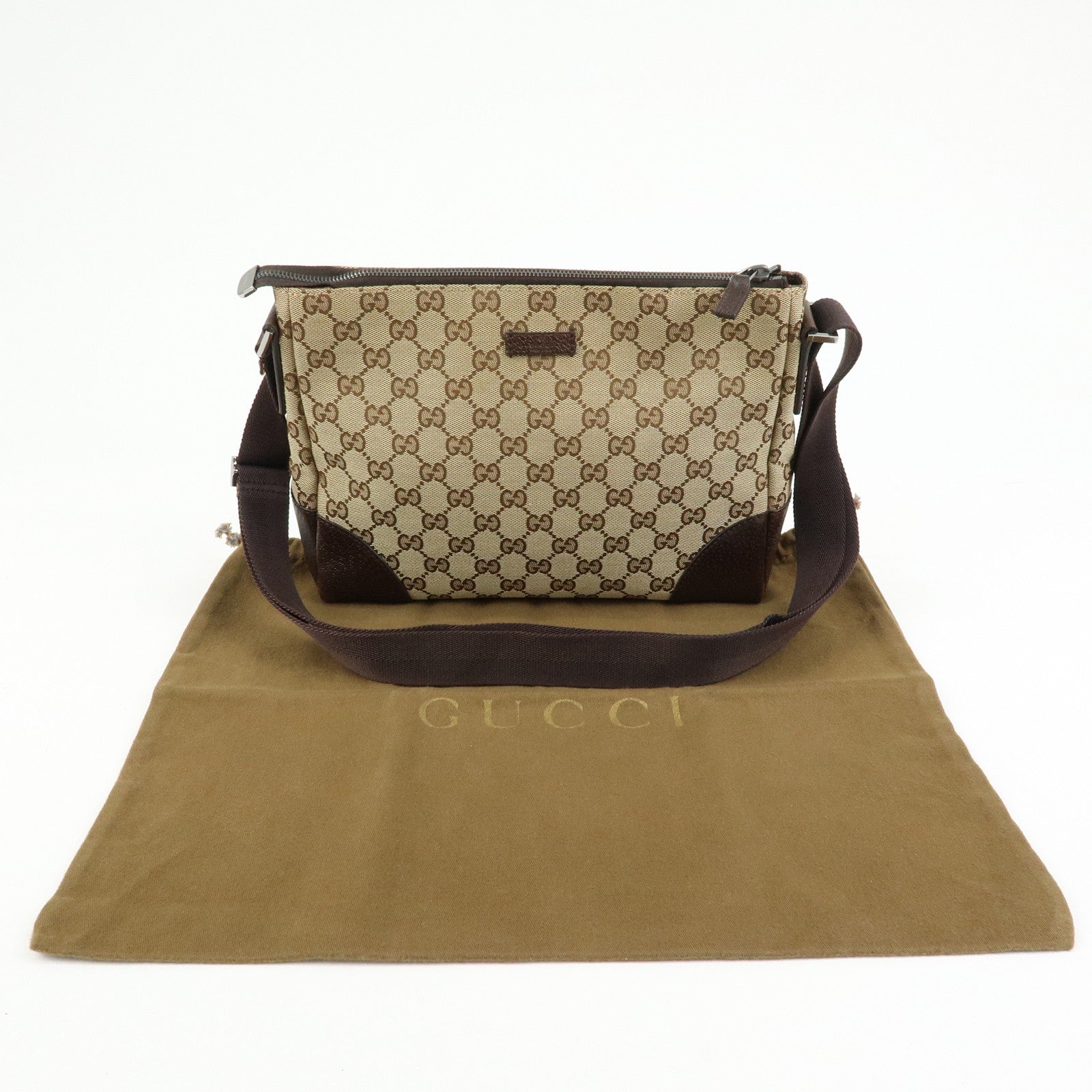 GUCCI GG Canvas Leather Crossbody Shoulder Bag Beige Brown 114273