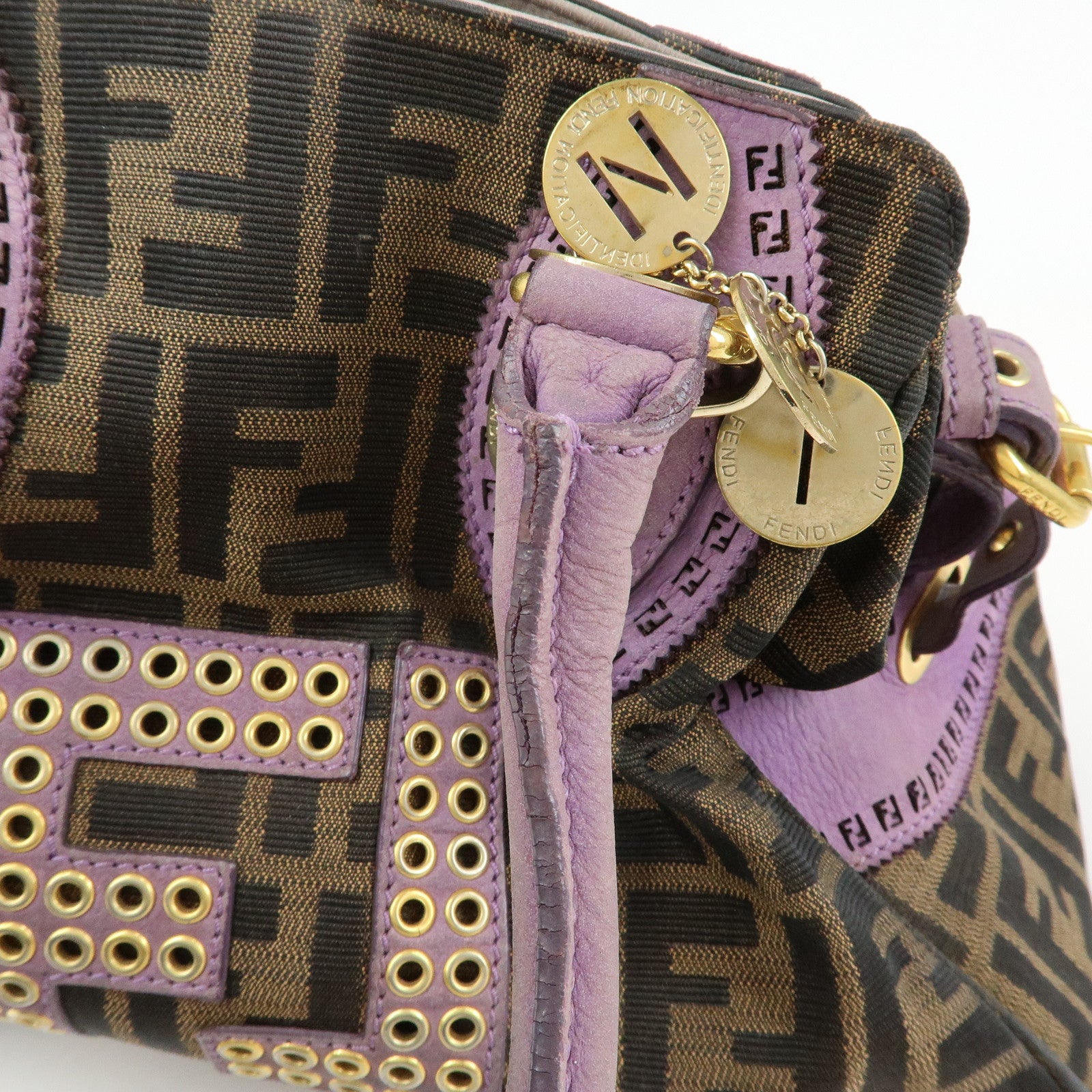 FENDI Ethnico Zucca Canvas Leather Shoulder Bag Brown Purple 8BN157