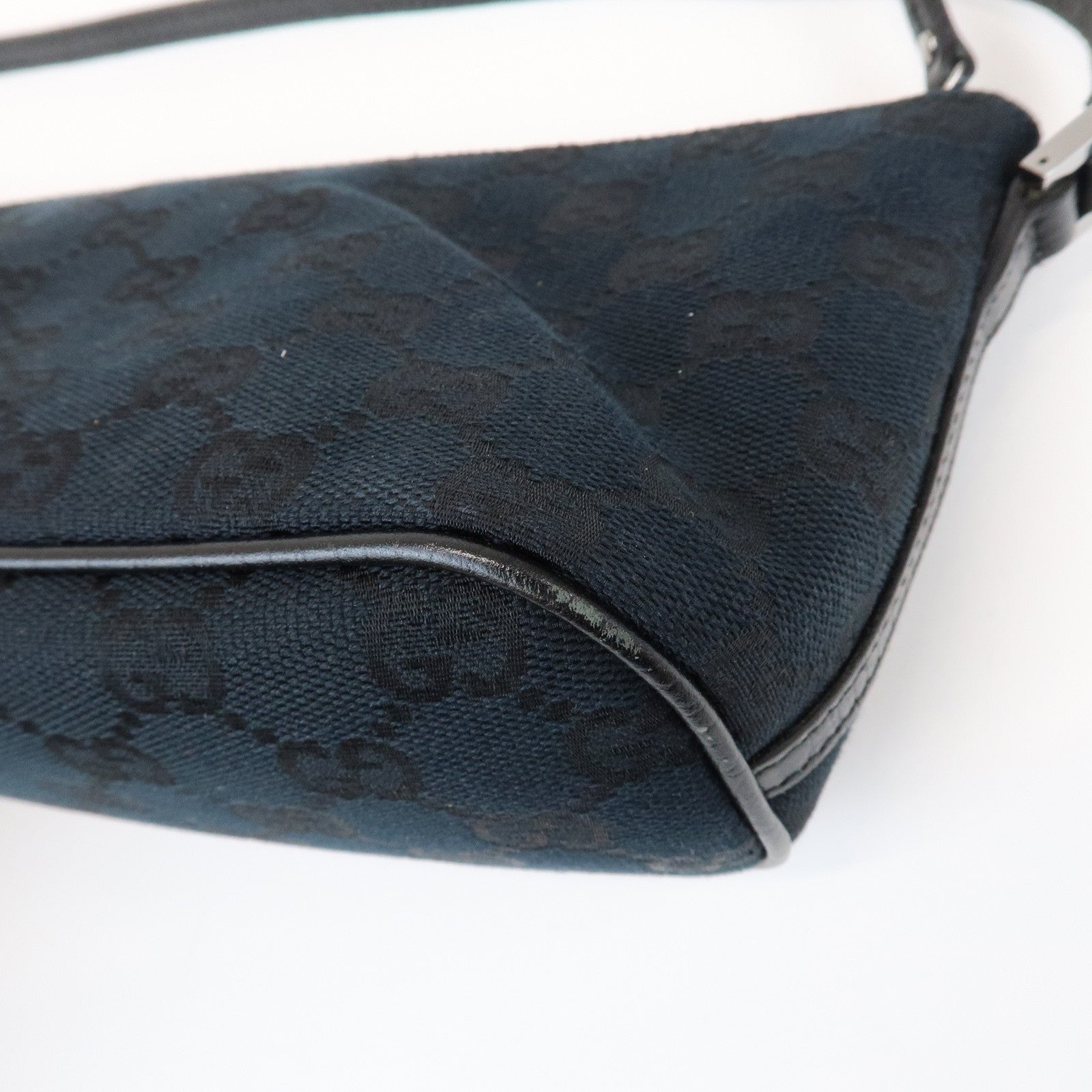 GUCCI Boat Bag GG Canvas Leather Pouch Hand Bag Black 07198