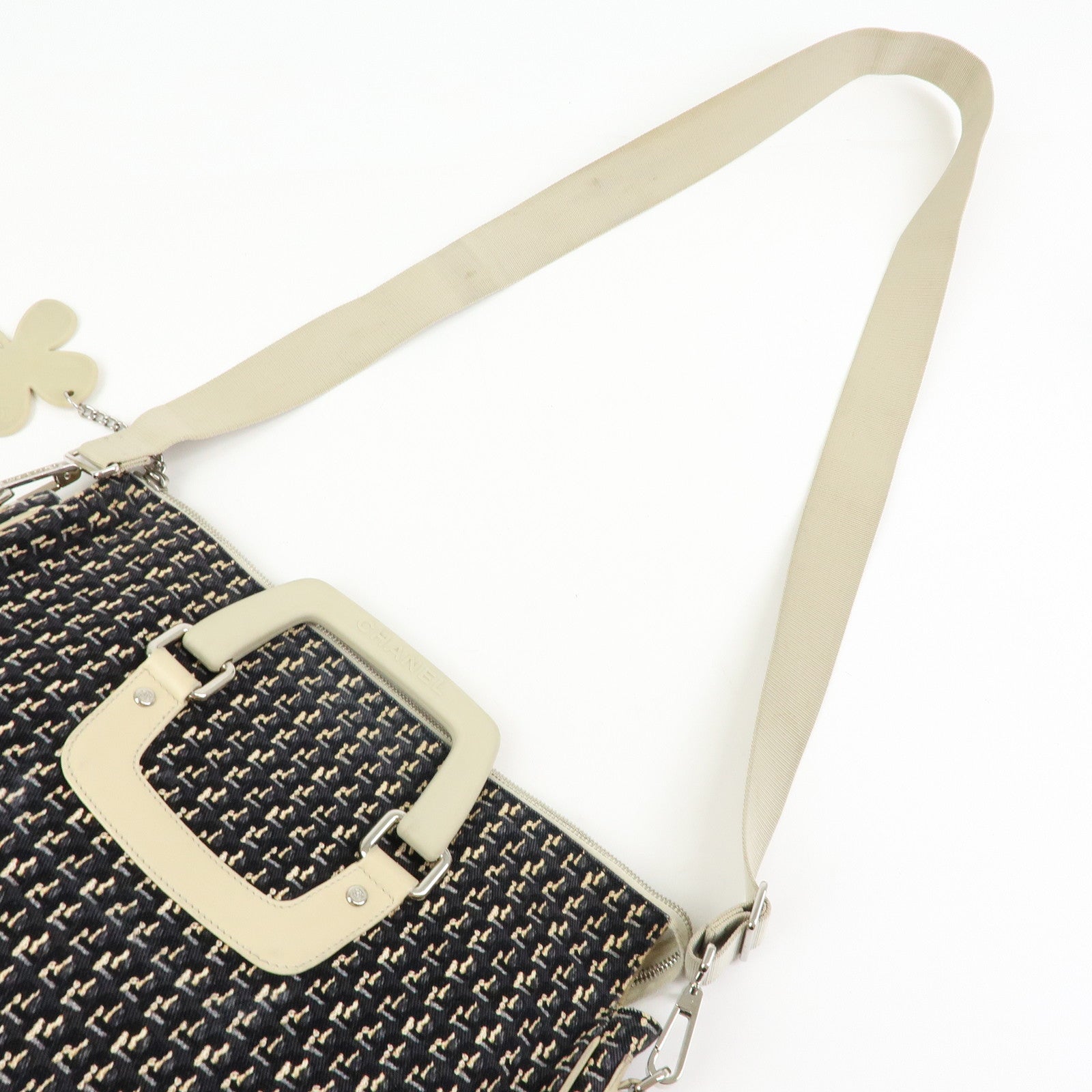 CHANEL Canvas Leather 2Way Bag Hand Bag Shoulder Bag Black Ivory