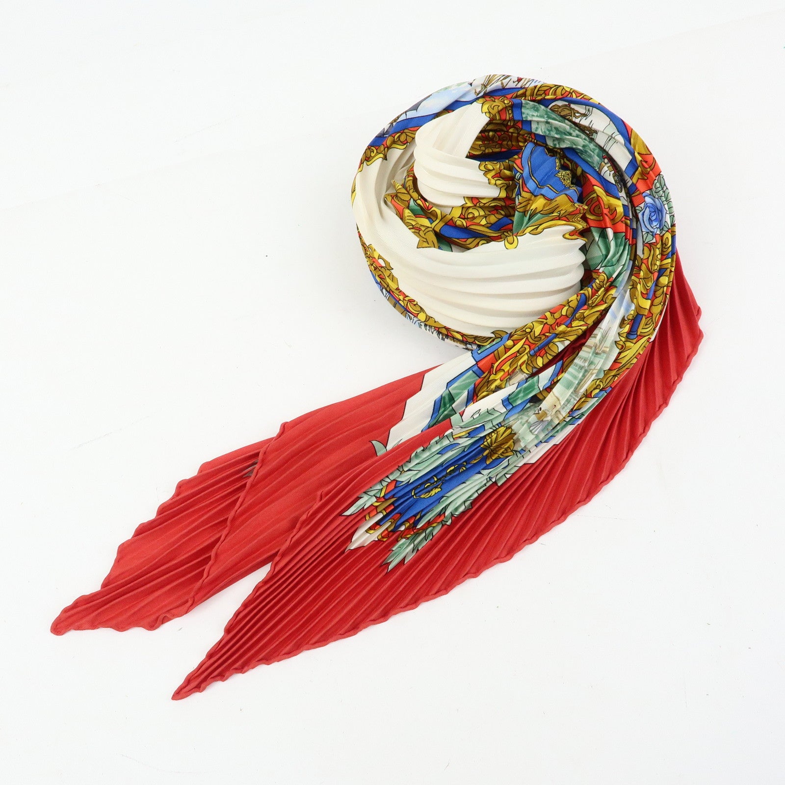 HERMES Pleated Carre Silk 100% Scarf L'ENTENTE CORDIALE Red Blue