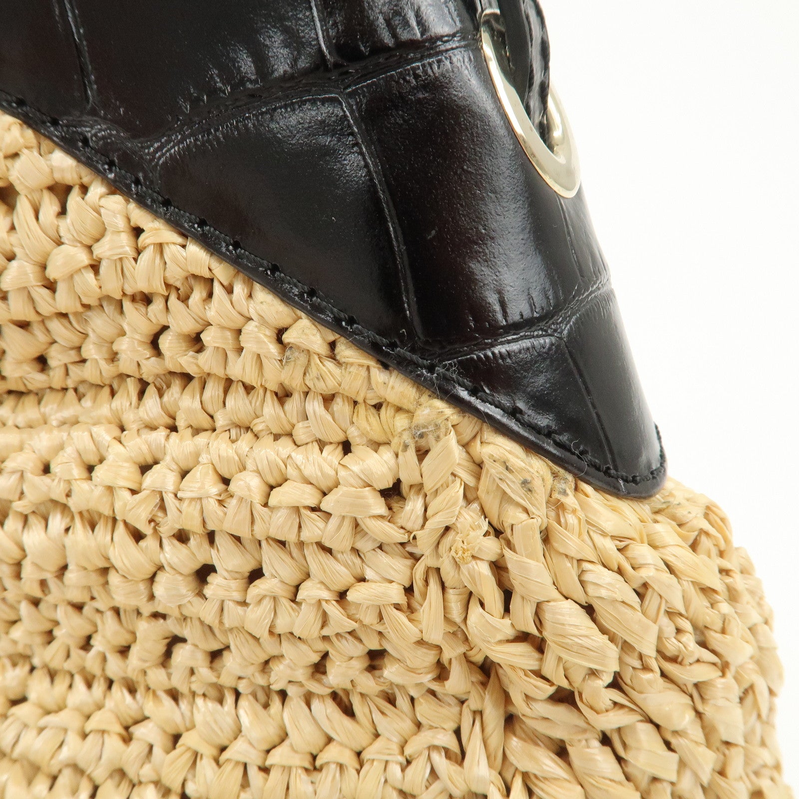 JIMMY CHOO Raffia Embossed Leather One Shoulder Bag Natural Black