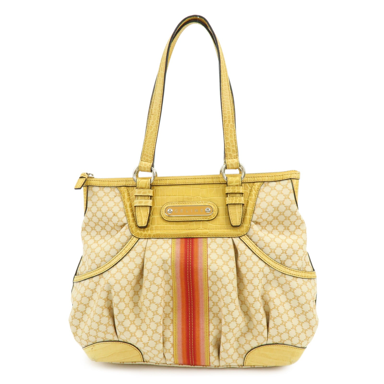 CELINE Macadam Embossed Leather Tote Bag Shoulder Bag Yellow Beige