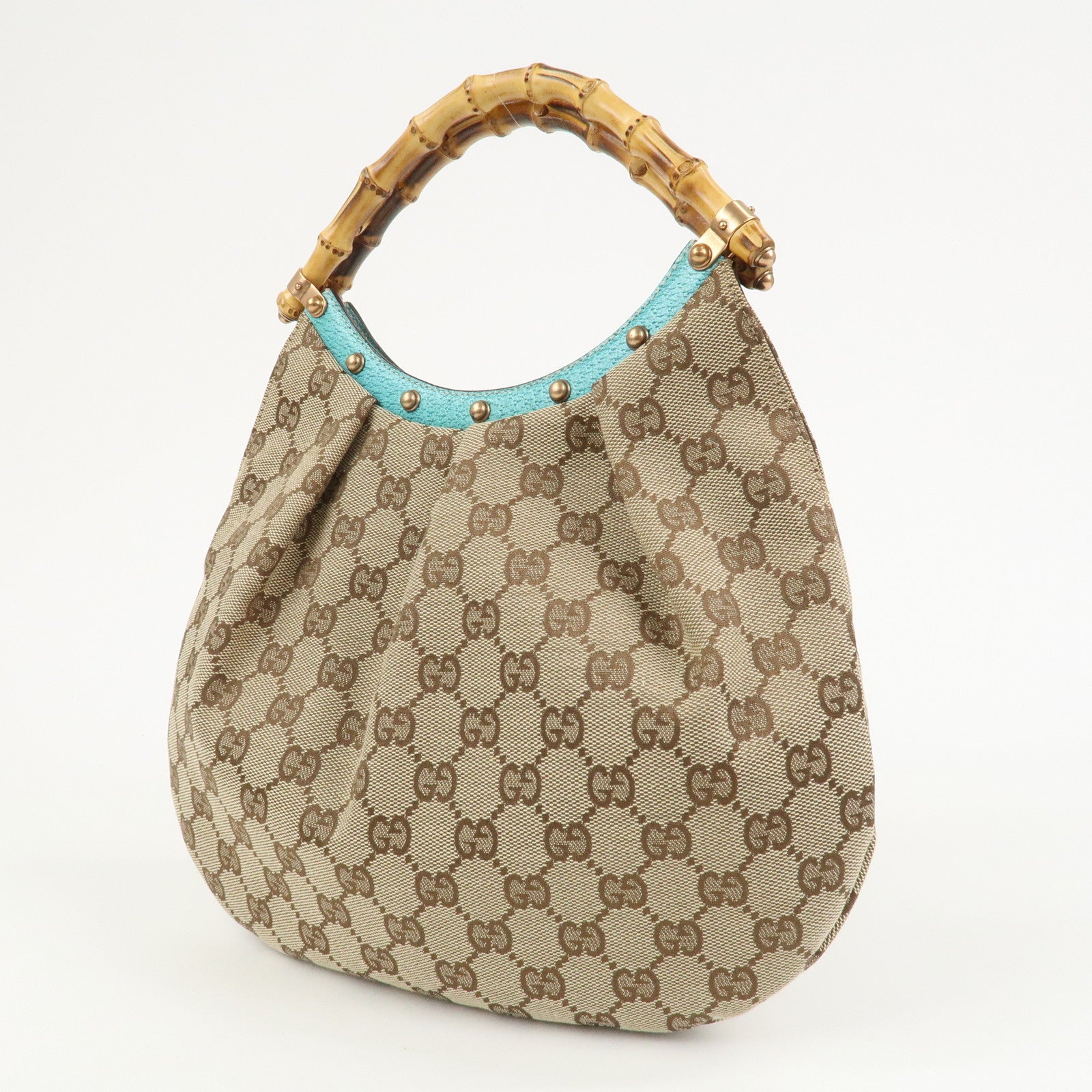 GUCCI Bamboo GG Canvas Leather Hand Bag Brown Light Blue 124297