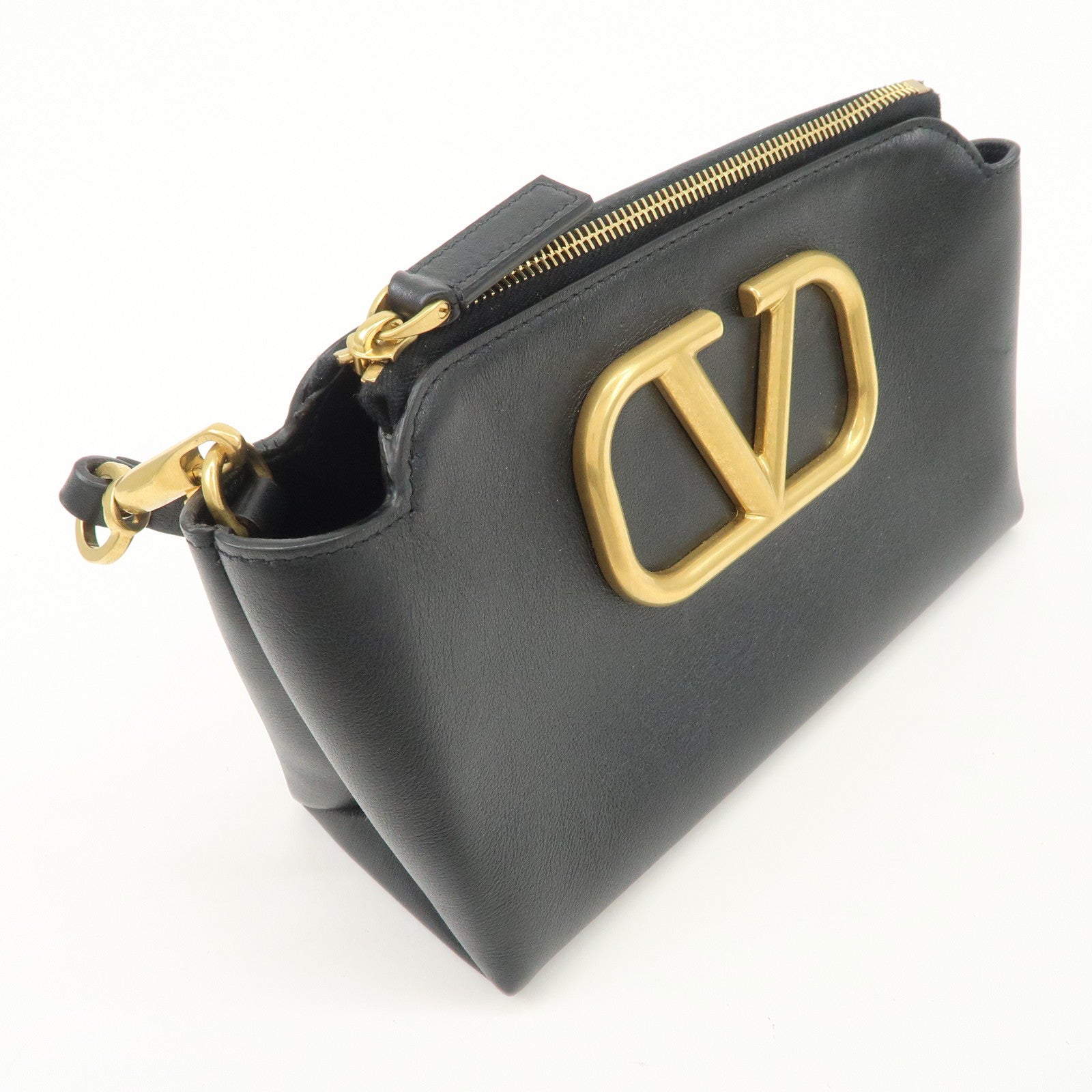 VALENTINO Leather Pouch Clutch Bag Black Gold Hardware
