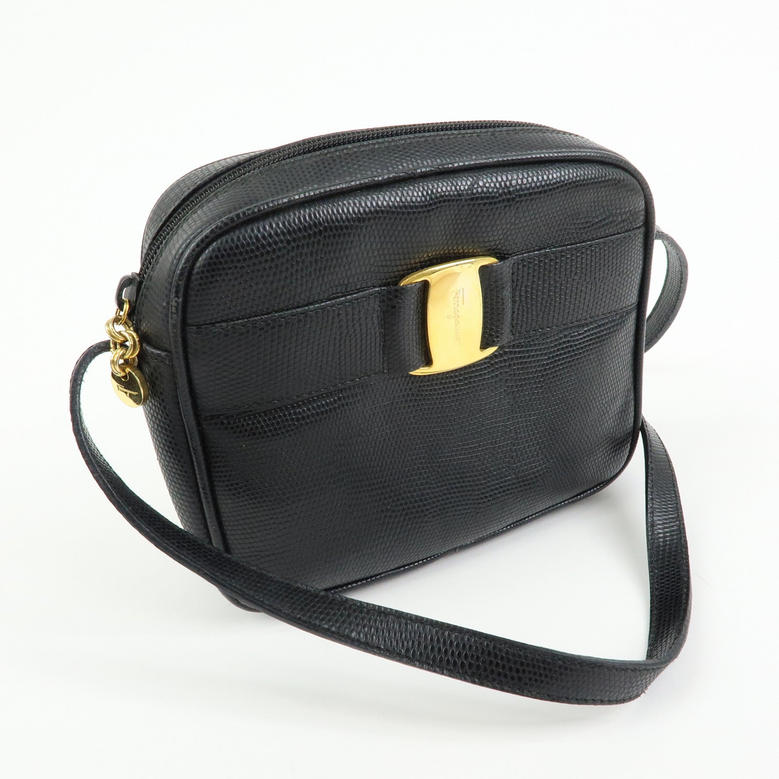 Ferragamo Varra Embossed Leather Shoulder Bag Crossbody Bag Black