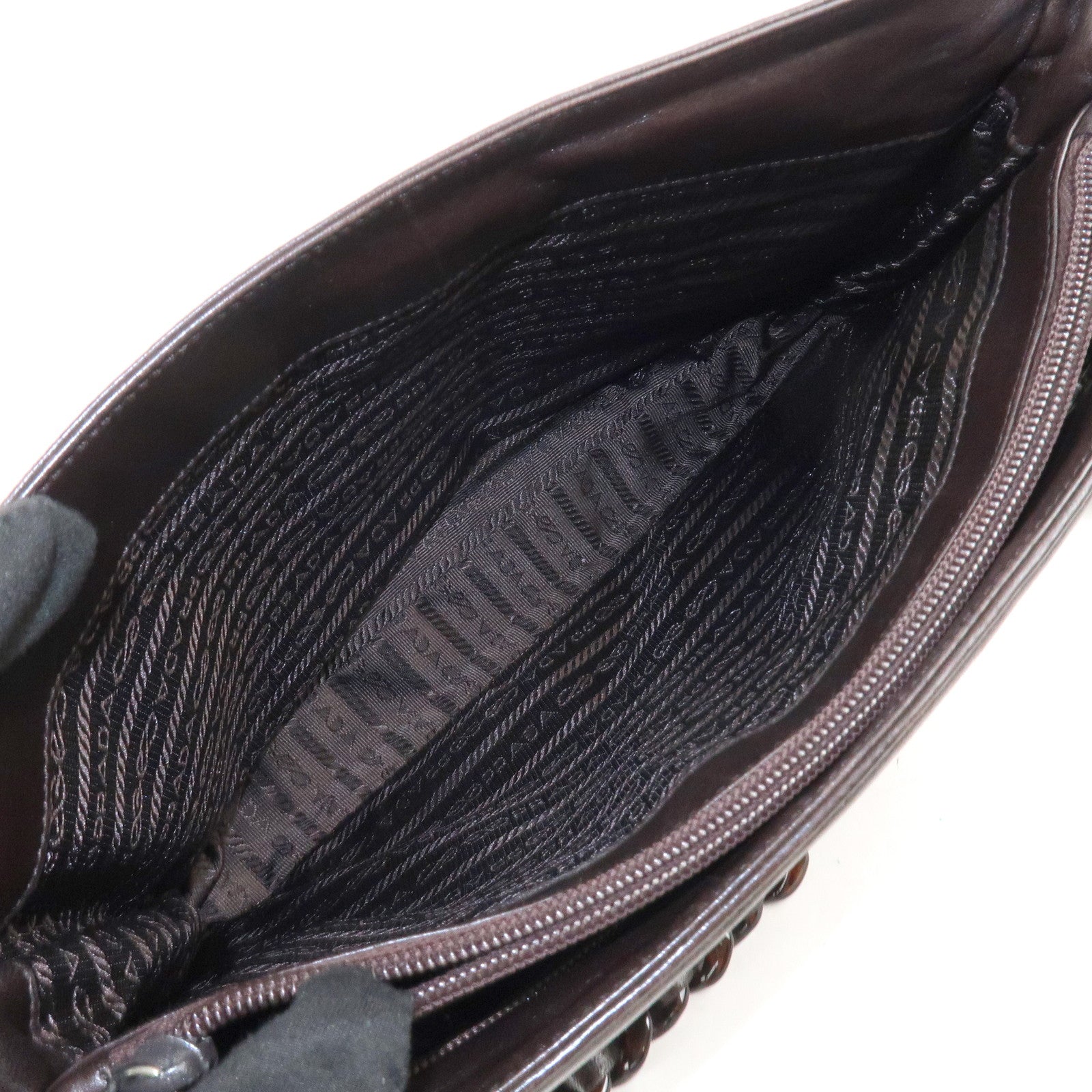 PRADA Logo Suede Leather Plastic Chain Shoulder Bag Brown