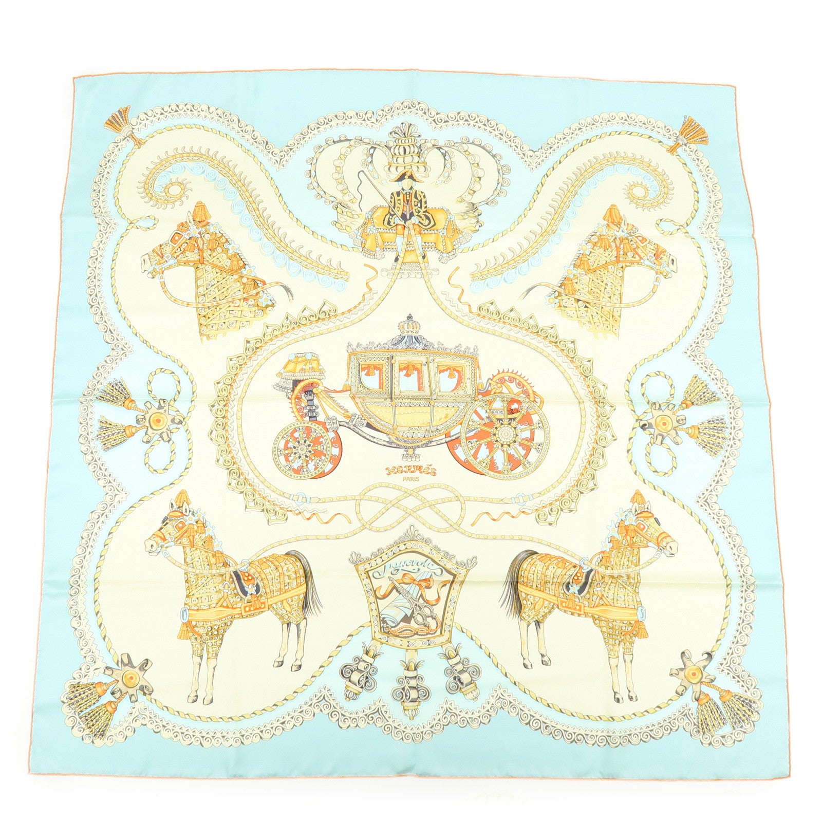 HERMES Carre 90 Silk 100% PAPEROLLES Scarf Light Blue Ivory