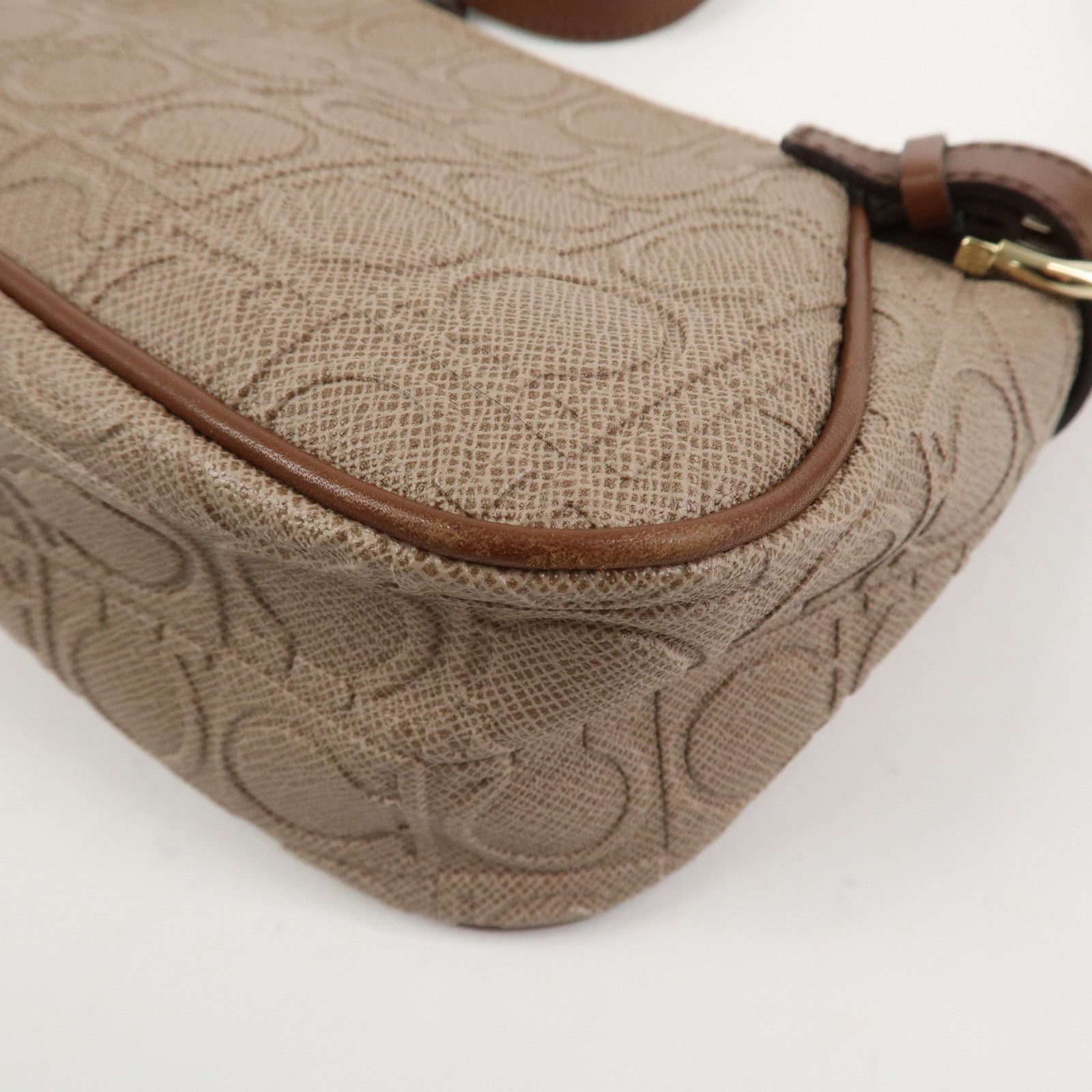 Ferragamo Gancini PVC Canvas Leather Shoulder Bag Hand Bag Brown