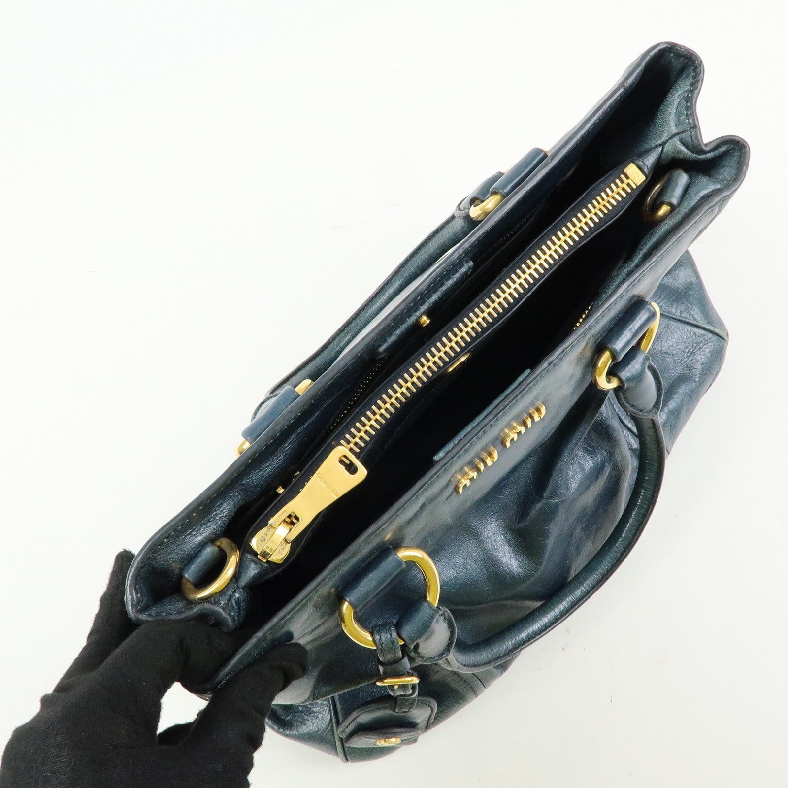 MIU MIU Logo Leather 2Way Bag Hand Bag Shoulder Bag Navy