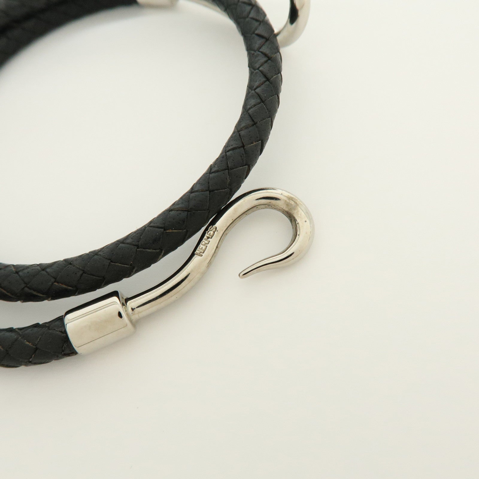 HERMES Jumbo Choker Double Tour Leather Metal Bracelet Black Silver