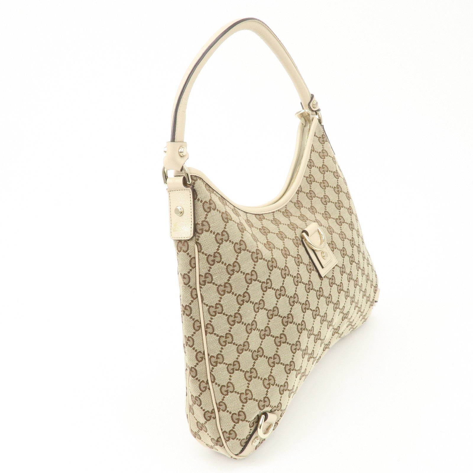 GUCCI Abbey Leather GG Canvas Shoulder Bag Beige Ivory 130737