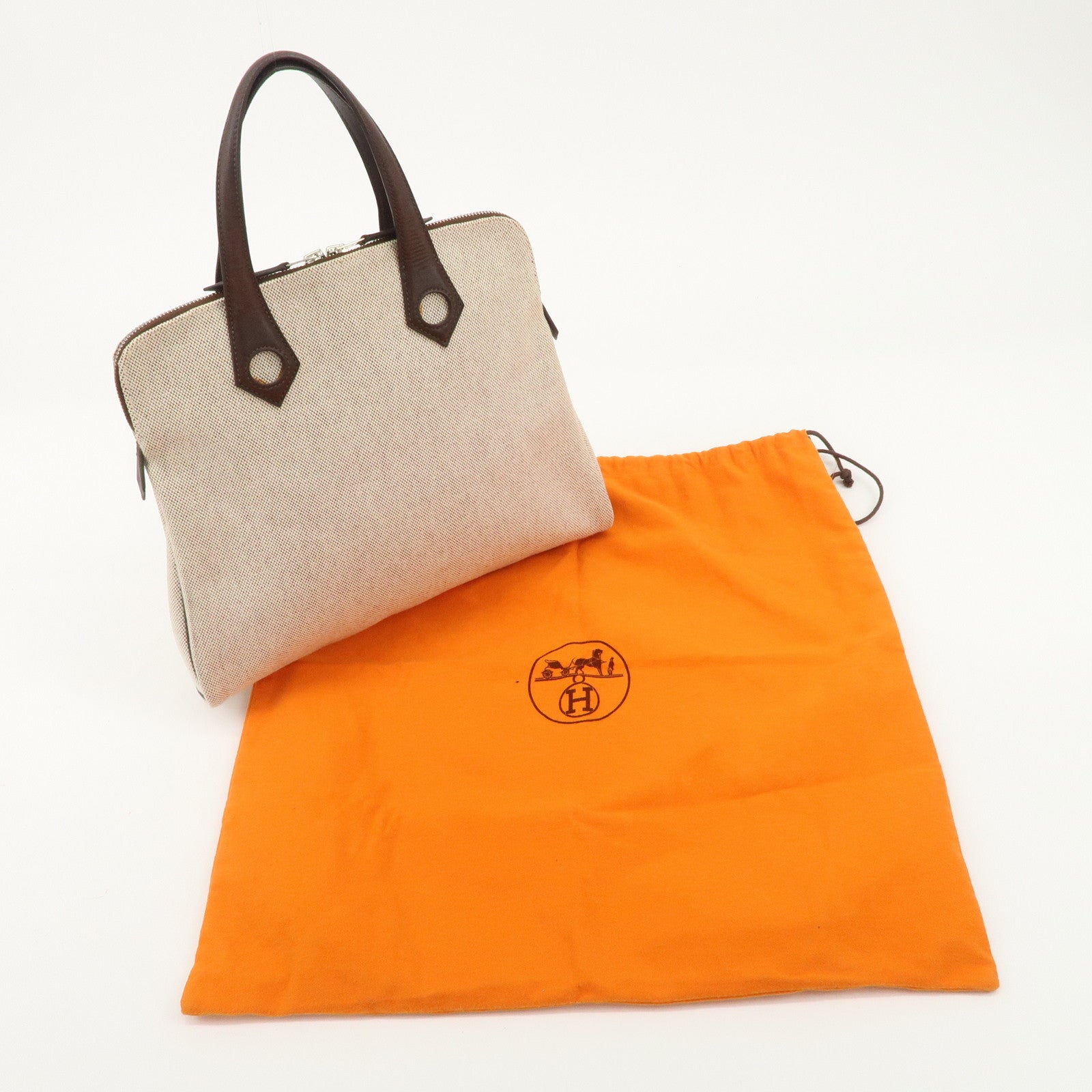 HERMES Leather Toile Ash Sac Eve MM J Engraved Hand Bag Natural