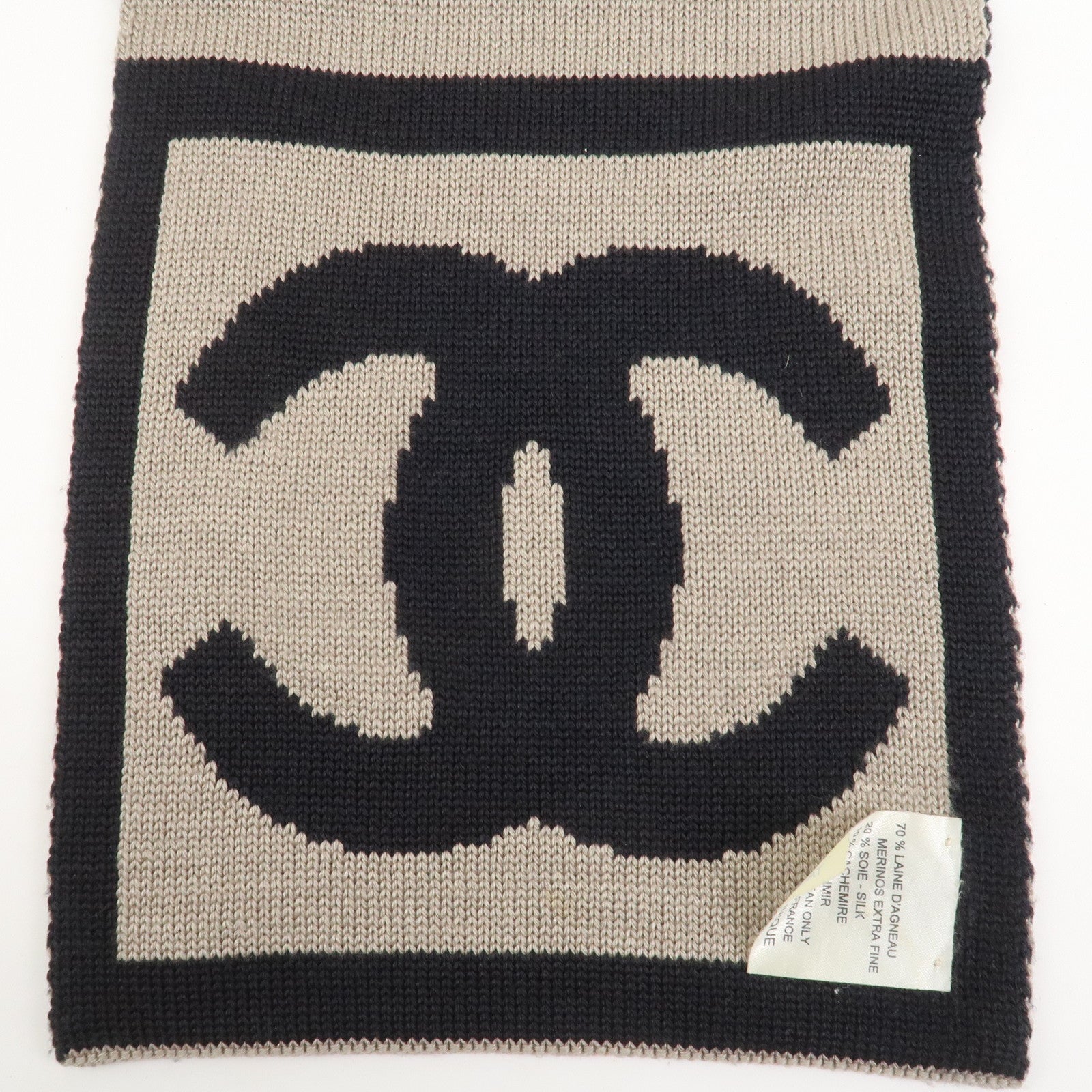 CHANEL COCO Mark Cashmere Wool Silk Scarf Black Brown