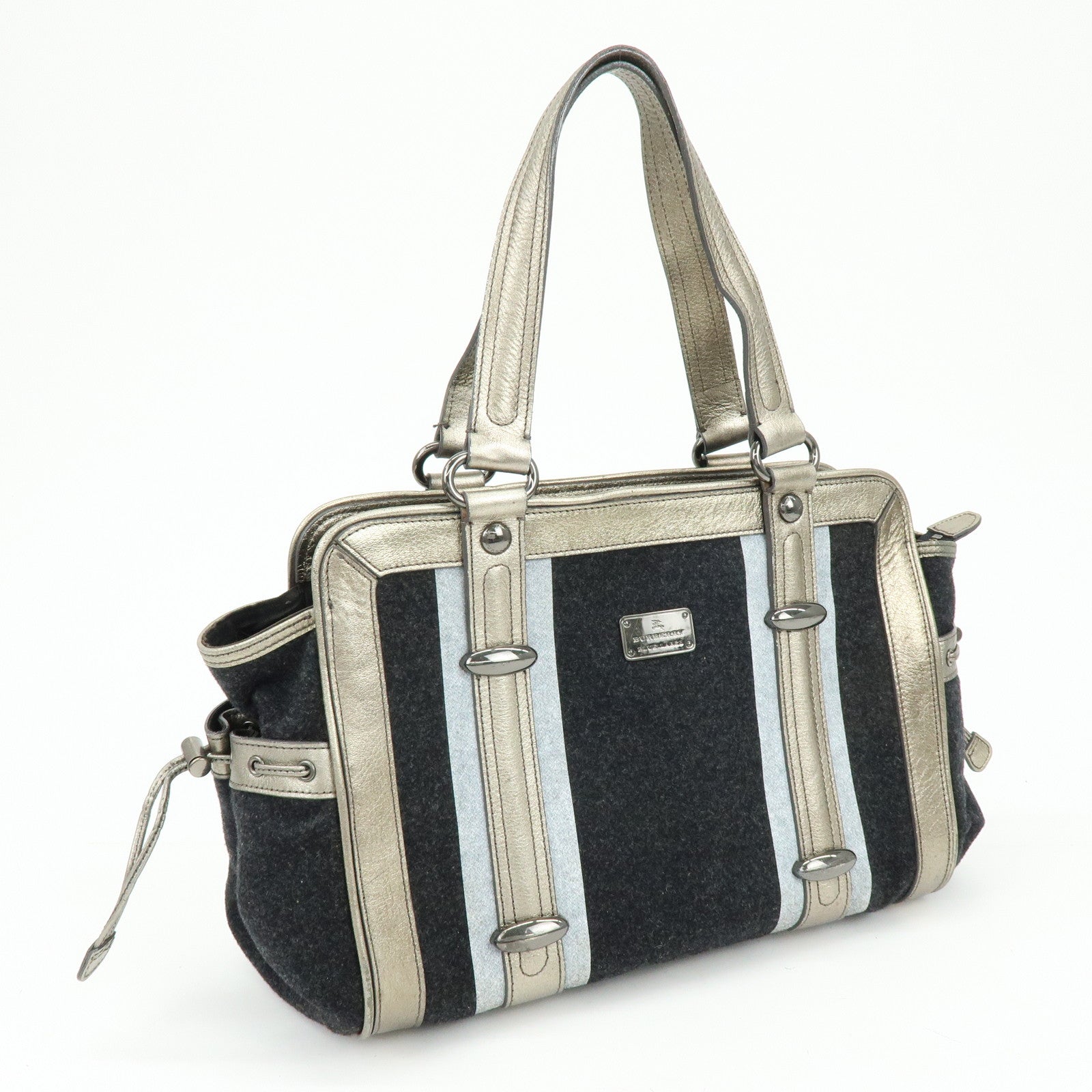 BURBERRY Blue Label Wool Leather Tote Bag Shoulder Bag Black Gold
