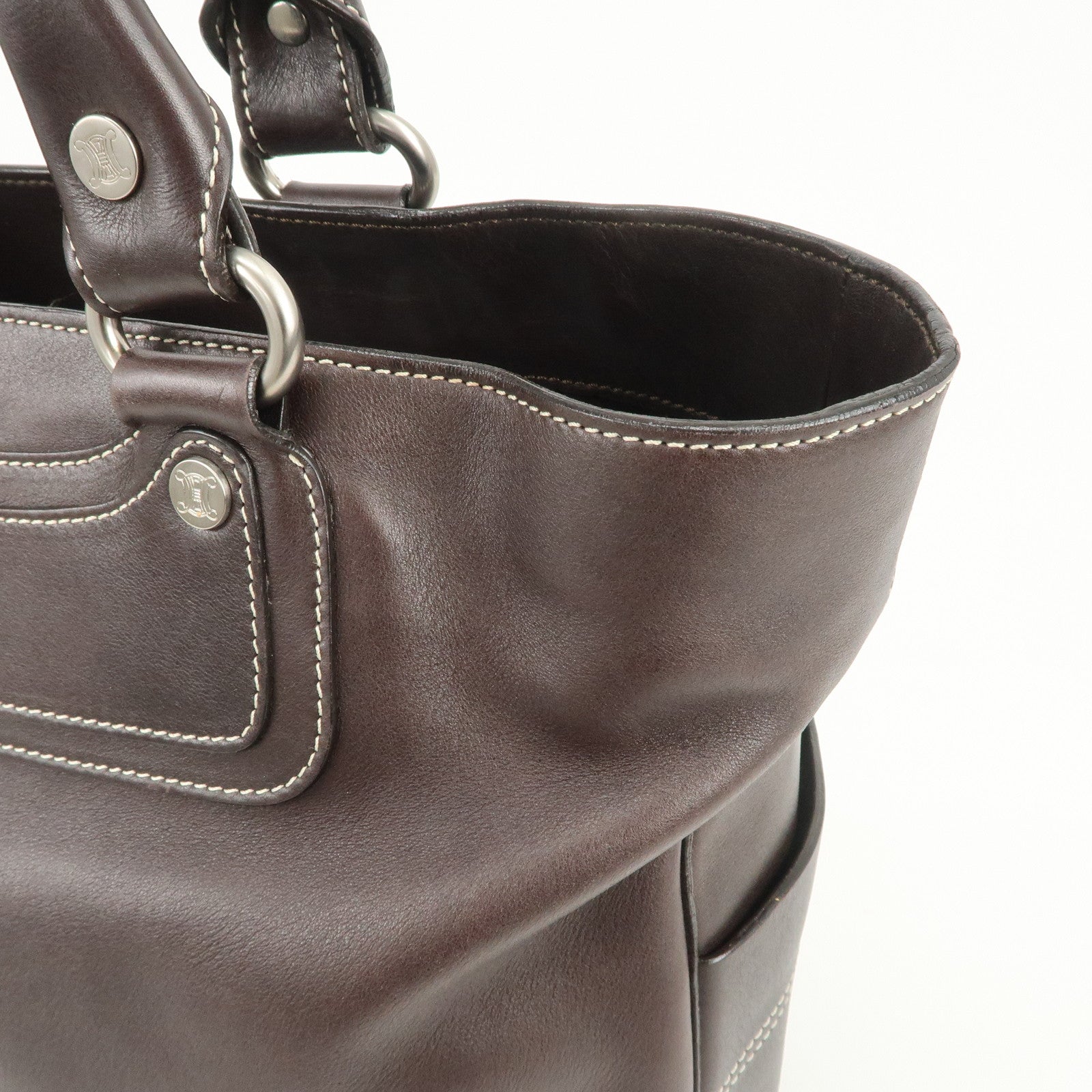CELINE Macadam Logo Leather Tote Bag Hand Bag Dark Brown