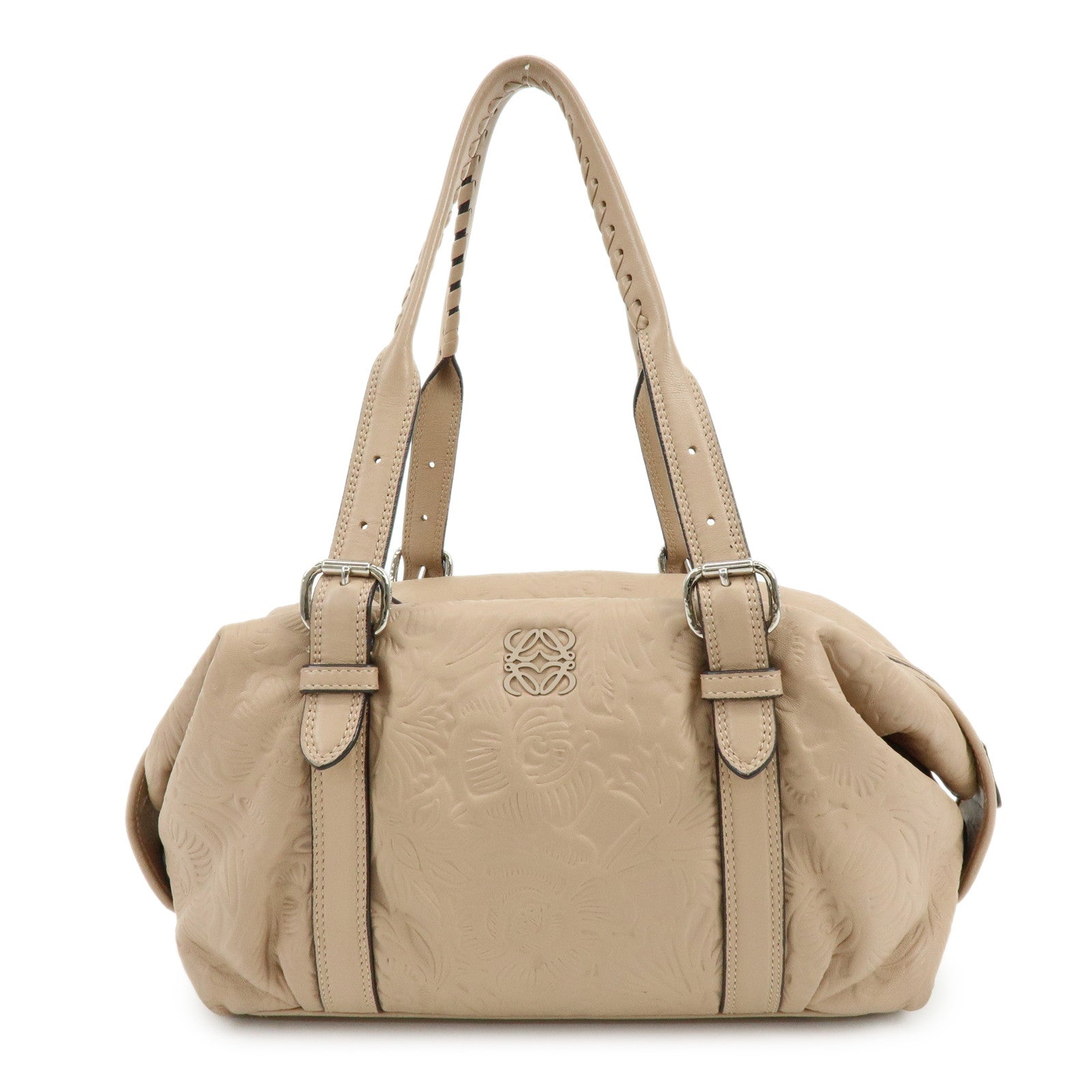 LOEWE Anagram Leather Mini Boston Bag Tote Hand Shoulder Bag Beige