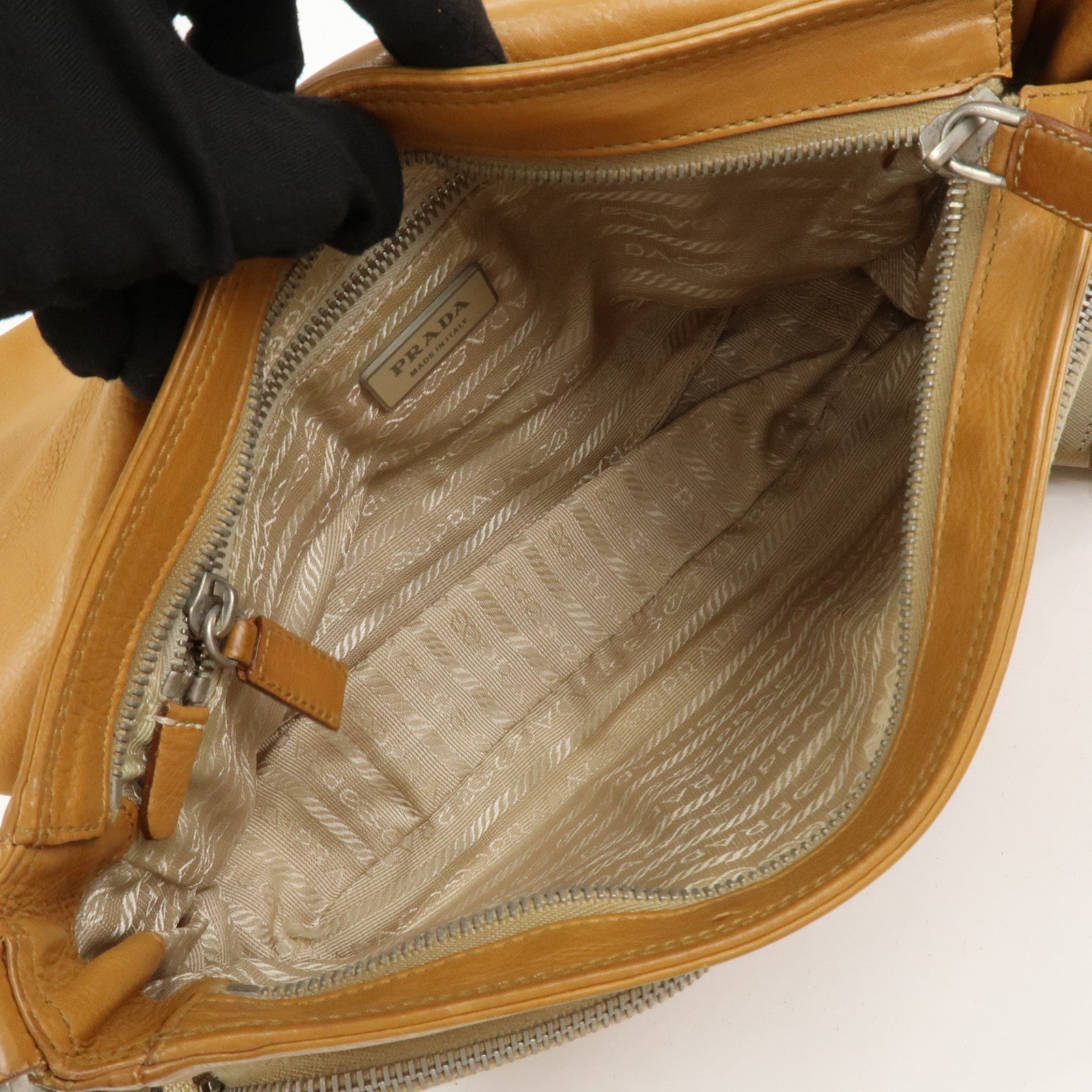 PRADA Triangle Logo Leather Front Pocket Shoulder Bag Brown BR2417