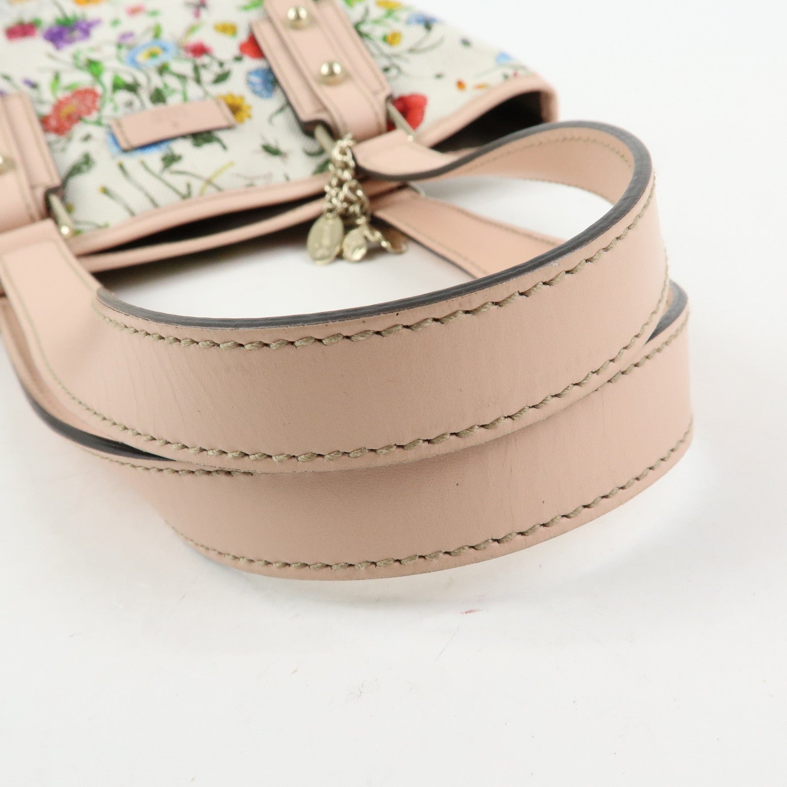 GUCCI Flora Flower Motif Canvas Leather Tote Bag White Pink 240018