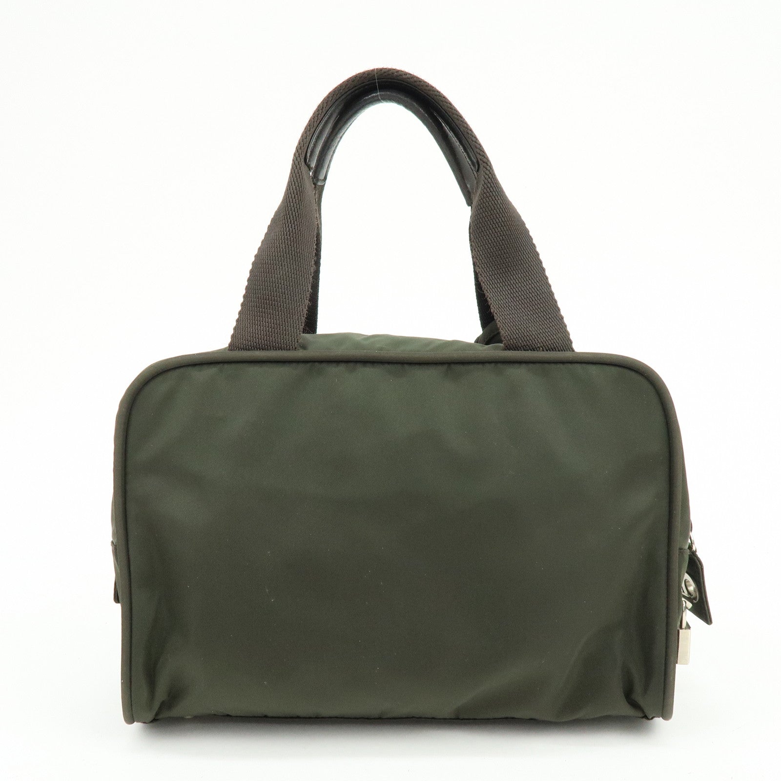 PRADA Triangle Logo Nylon Leather Hand Bag Tote Boston Bag Khaki