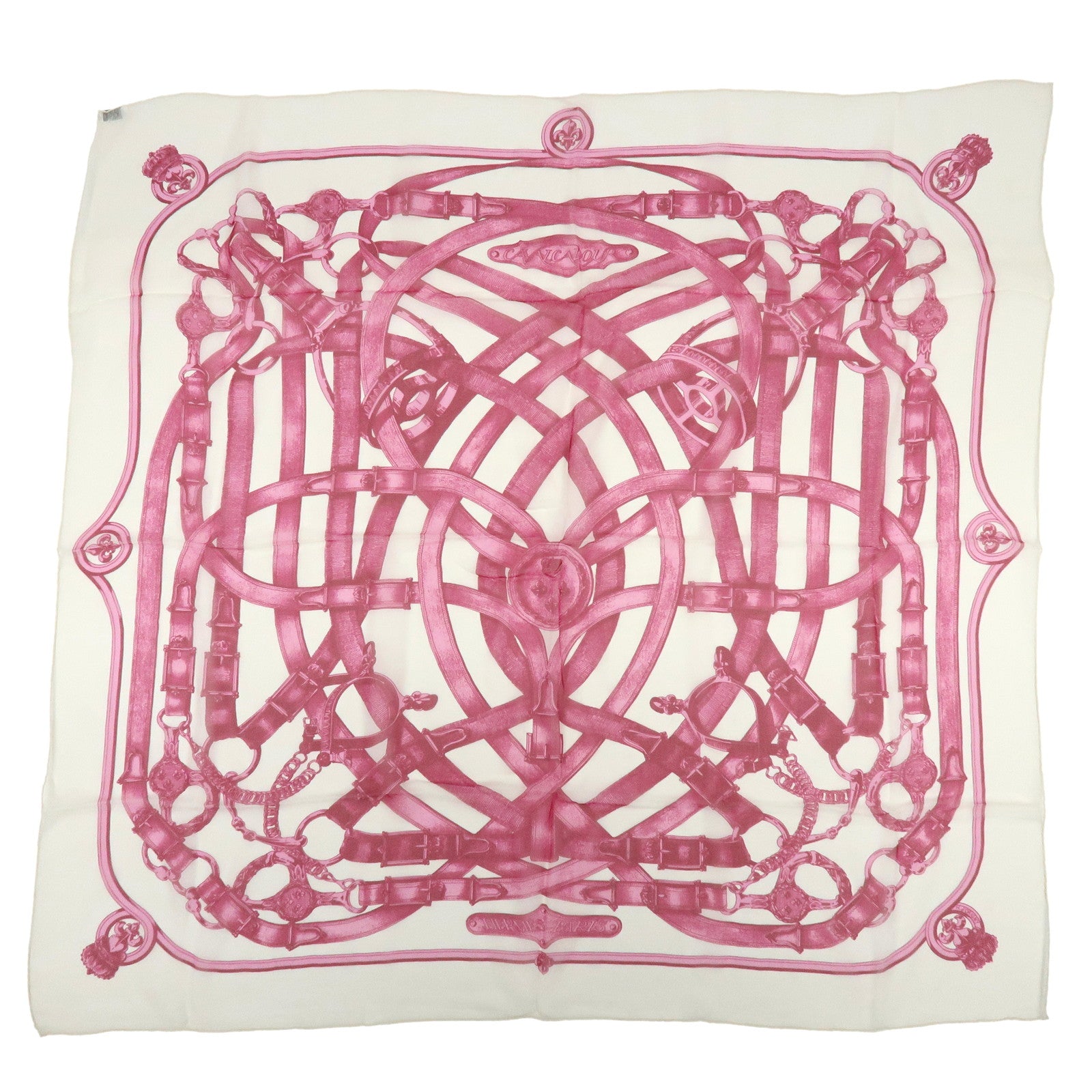HERMES Carre 90 Silk 100% Scarf CAVALCADOUR Chain Belt Pink Ivory