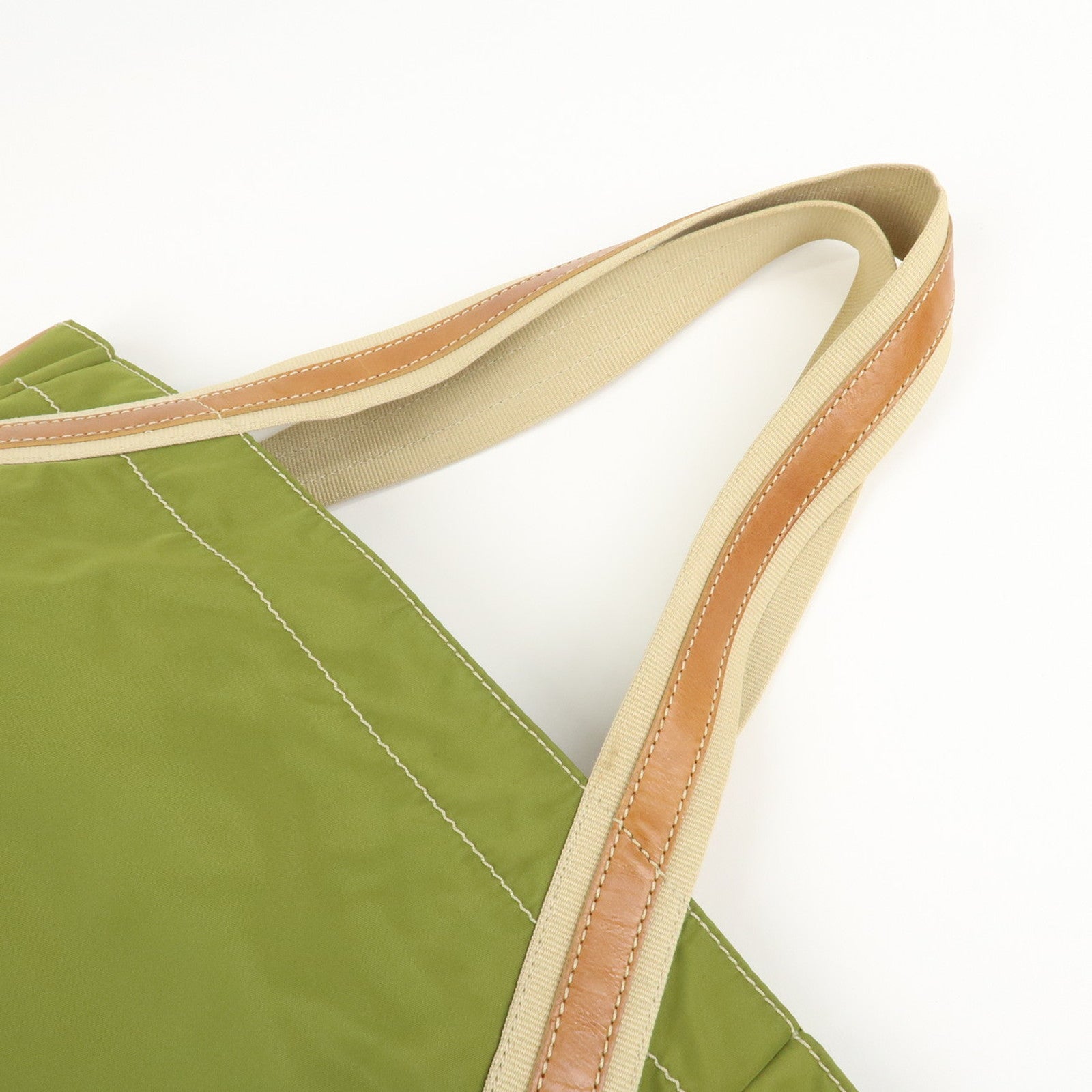 PRADA Triangle Logo Leather Nylon 2Way Tote Bag Brown Khaki