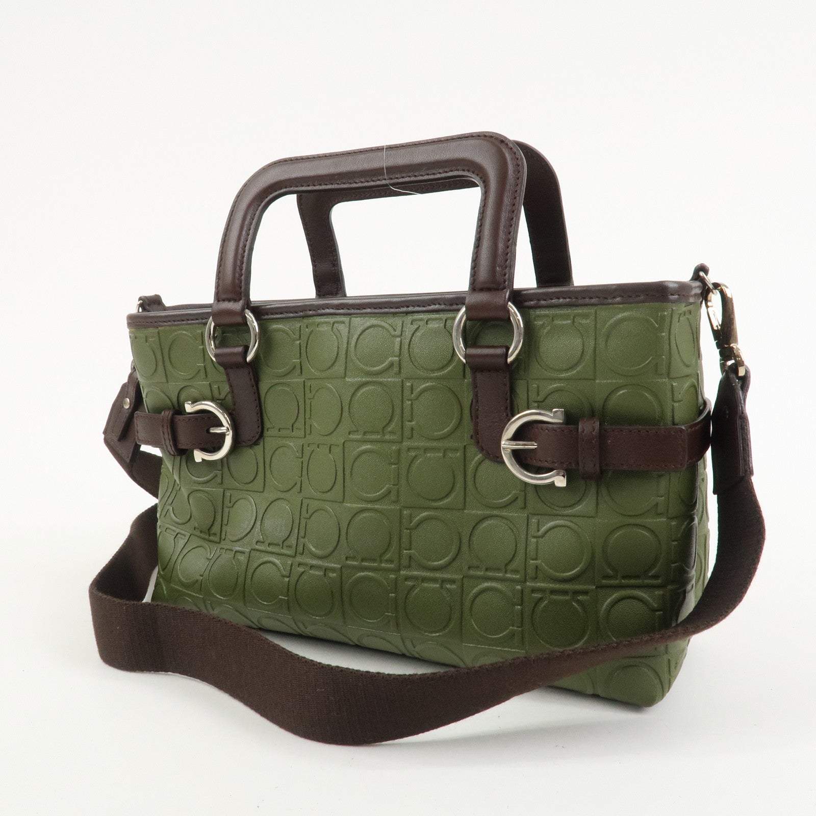 Ferragamo Gancini Embossed Leather 2Way Hand Shoulder Bag Green