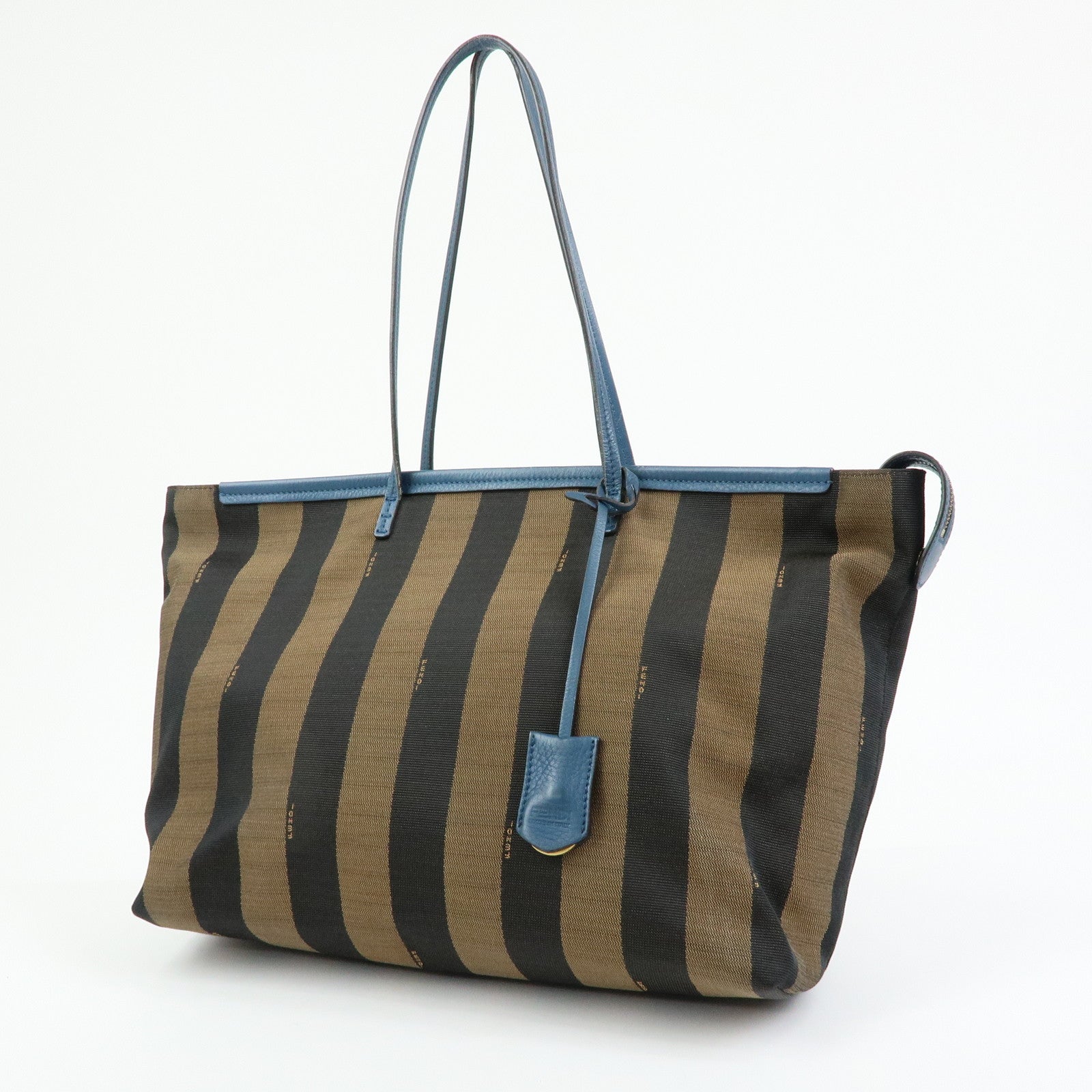 FENDI Pequin Canvas Leather Tote Bag Shoulder Bag Brown Navy 8BH185