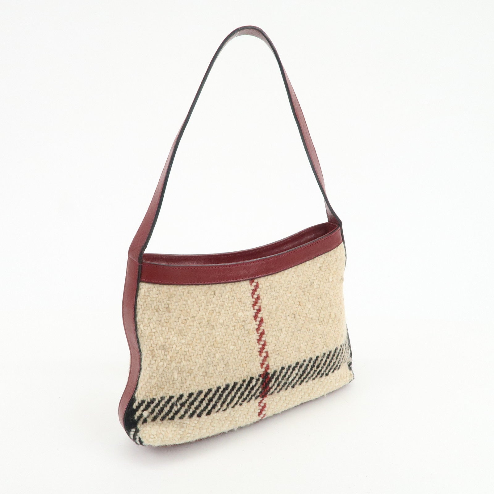 BURBERRY Wool Leather Hand Bag Plaid Wine Red Beige