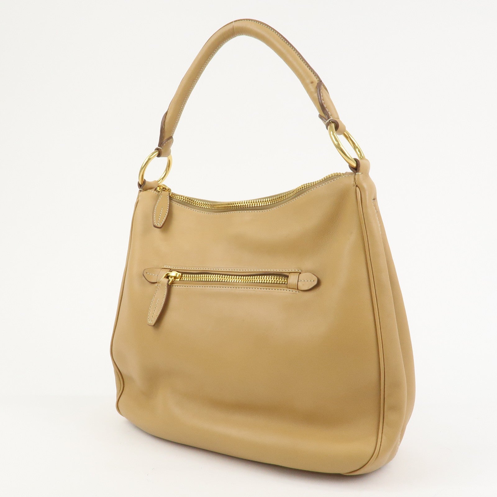 PRADA Triangle Logo Leather Shoulder Bag Hand Bag Camel