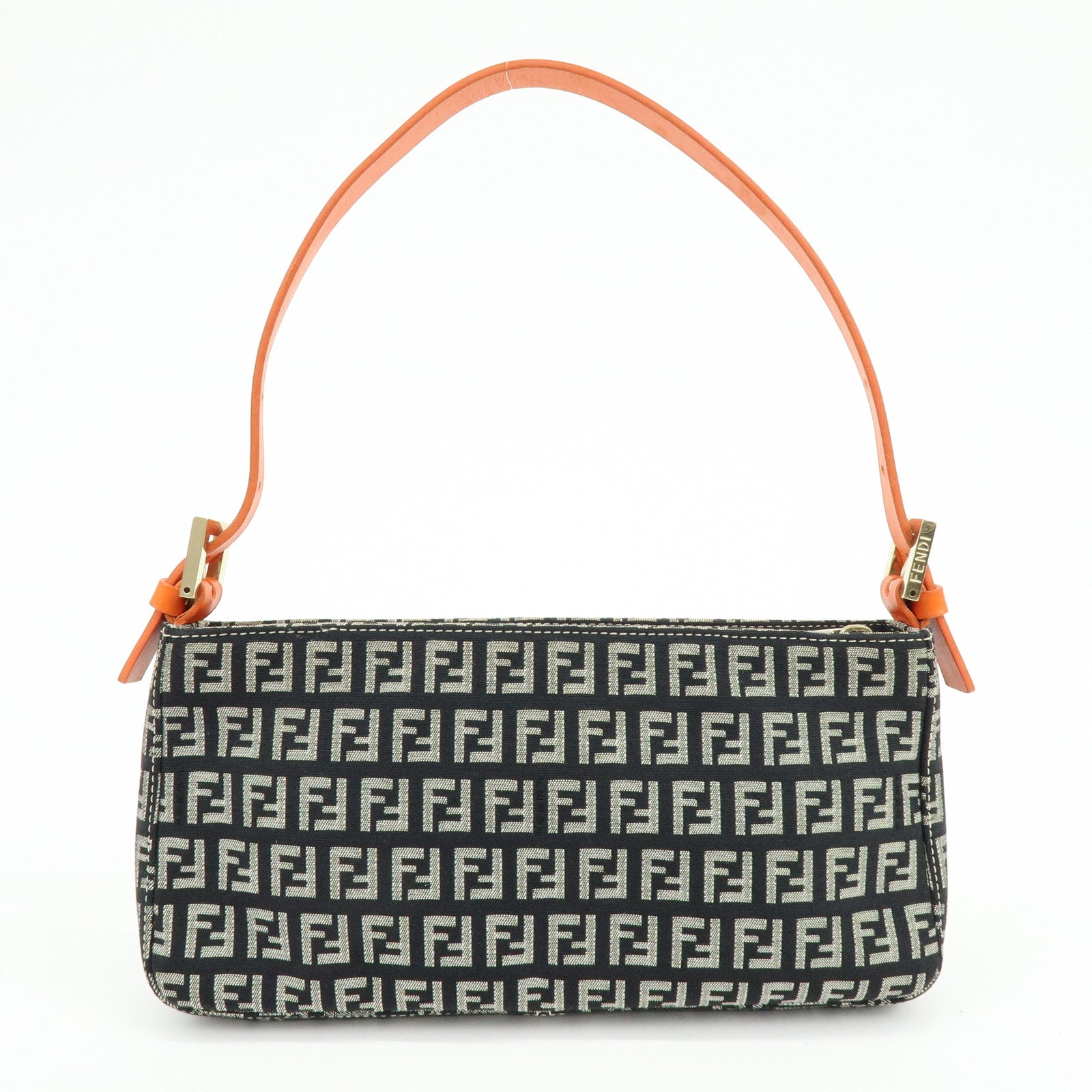 FENDI Zucchino Canvas Leather Shoulder Bag Black Orange 8BR042