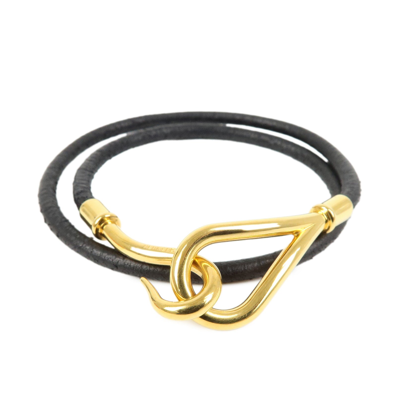 HERMES Jumbo Choker Leather Metal Bracelet Black Gold
