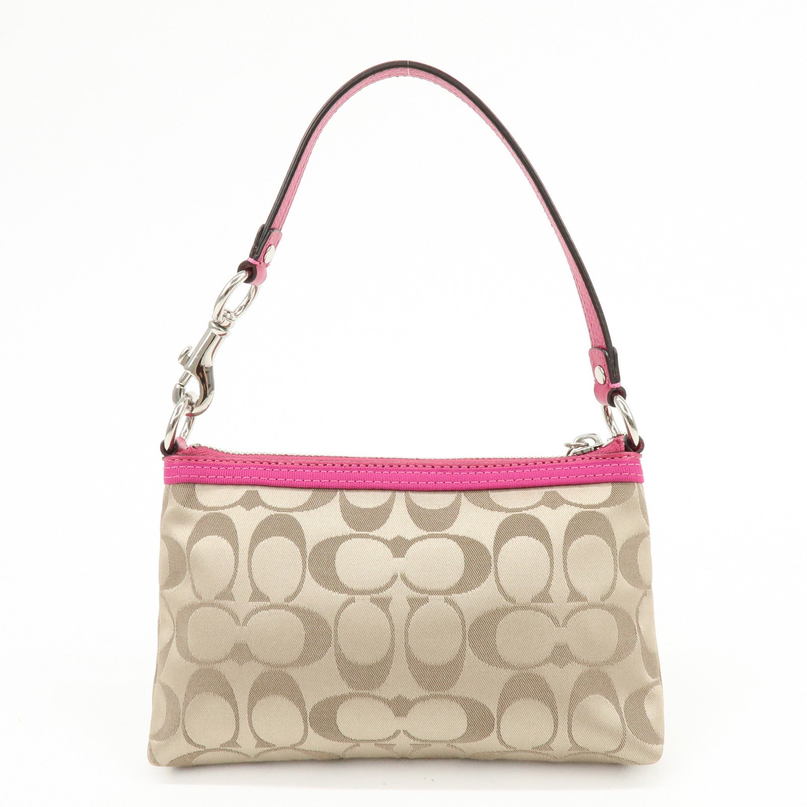 COACH Poppy Signature Nylon Leather Hand Bag Beige Pink