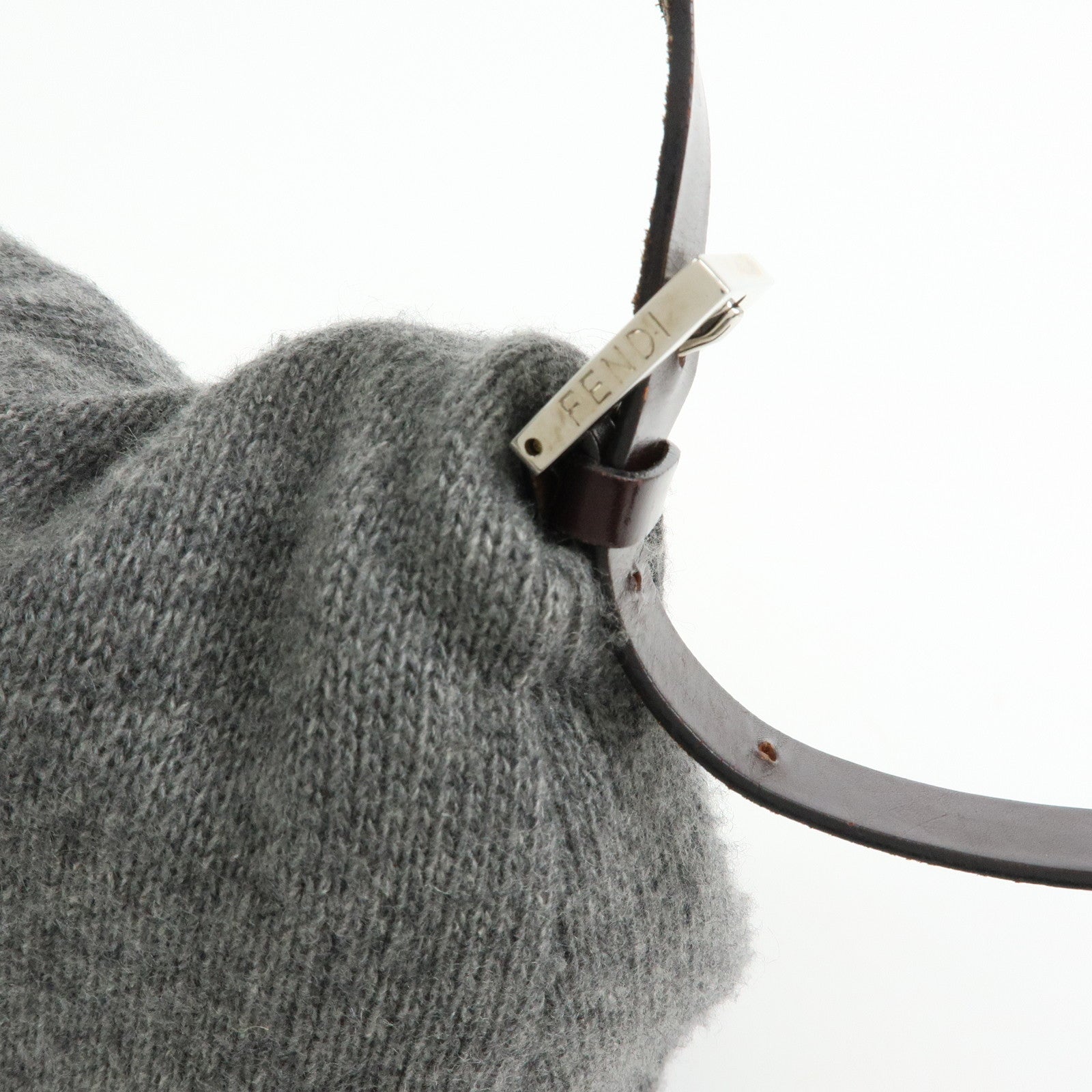 FENDI Mamma Baguette Wool Leather Shoulder Bag Grey Brown 26325