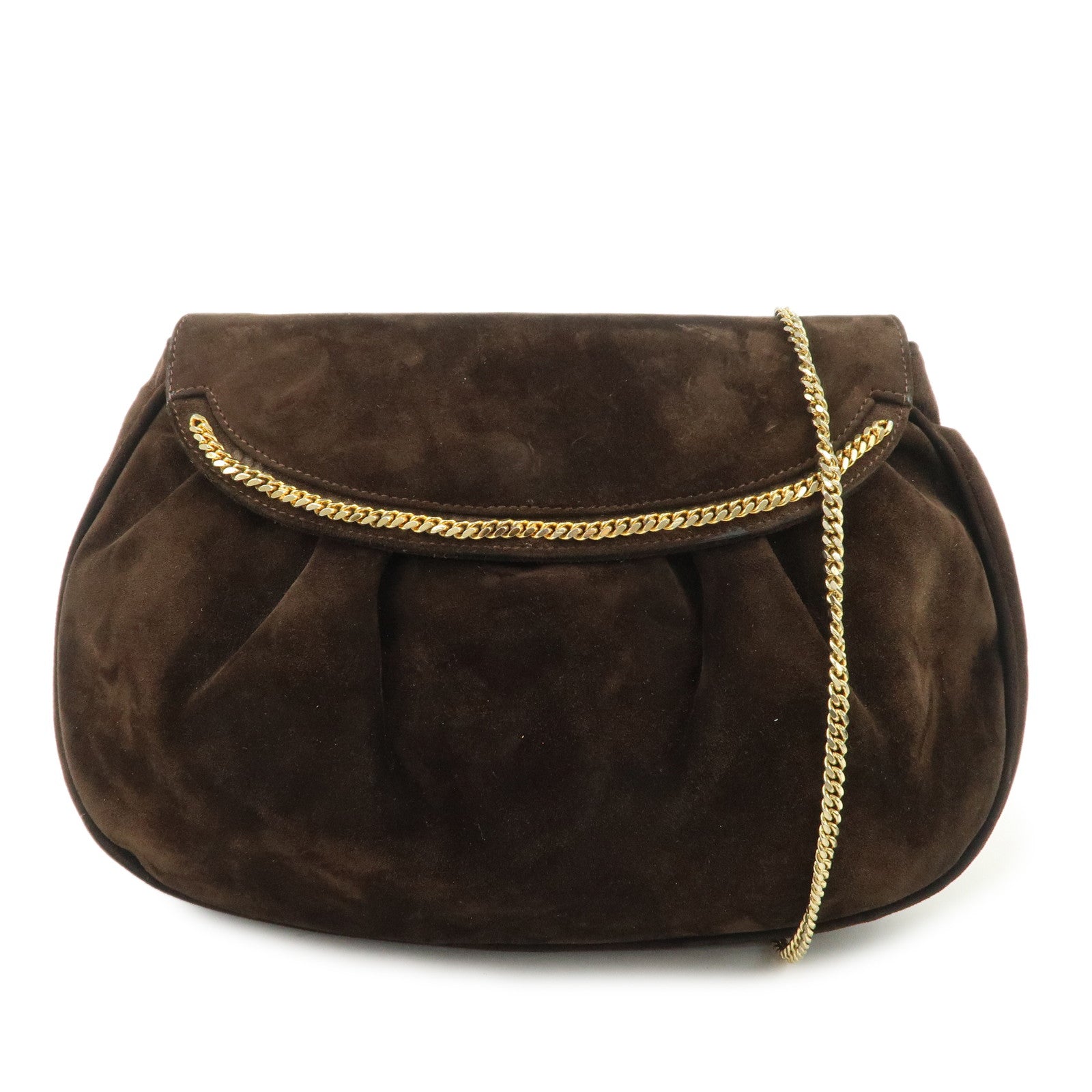 Ferragamo Suede Chain Shoulder Bag Dark Brown
