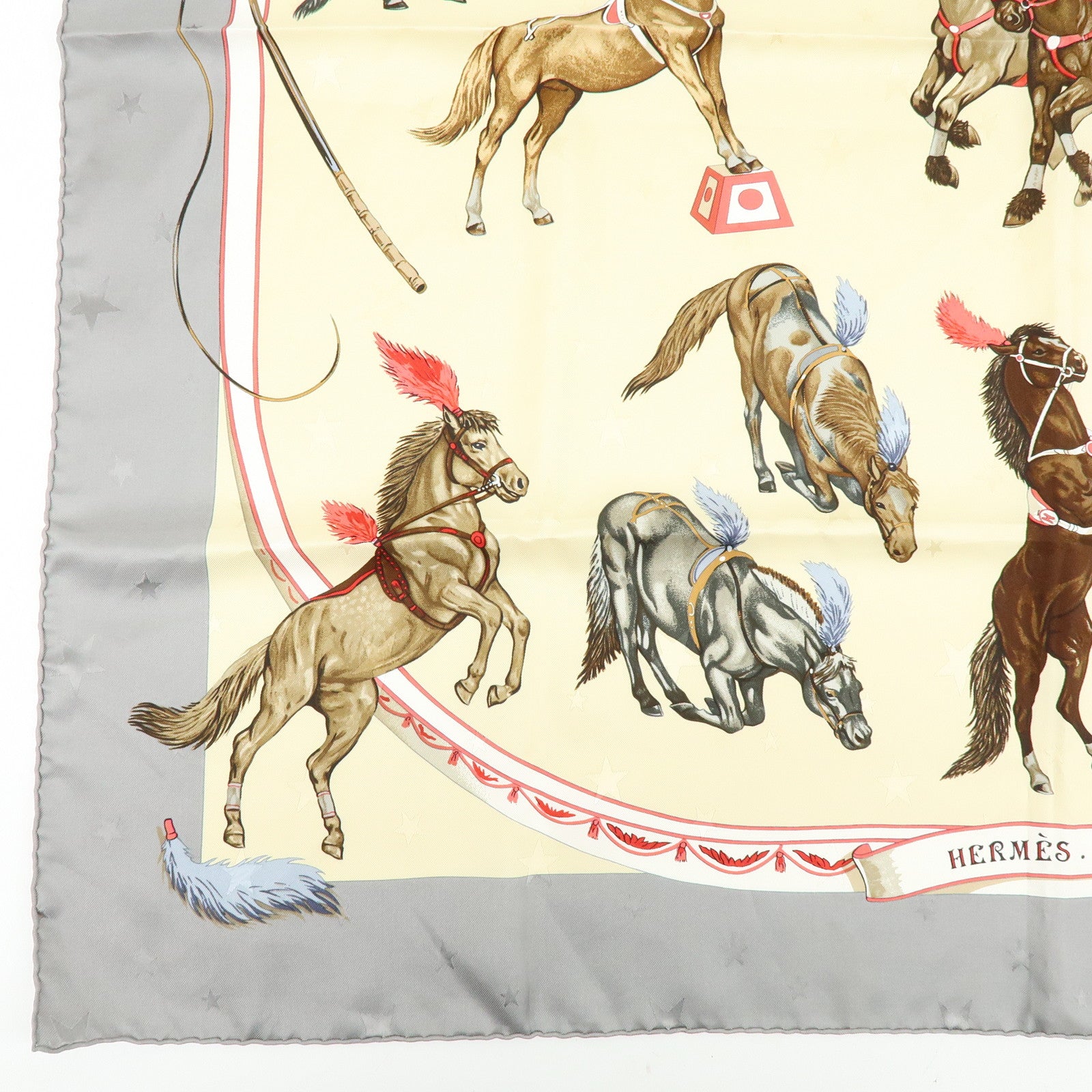 HERMES Carre 90 Silk 100% Scarf EN PISTE Horse Print Beige Gray