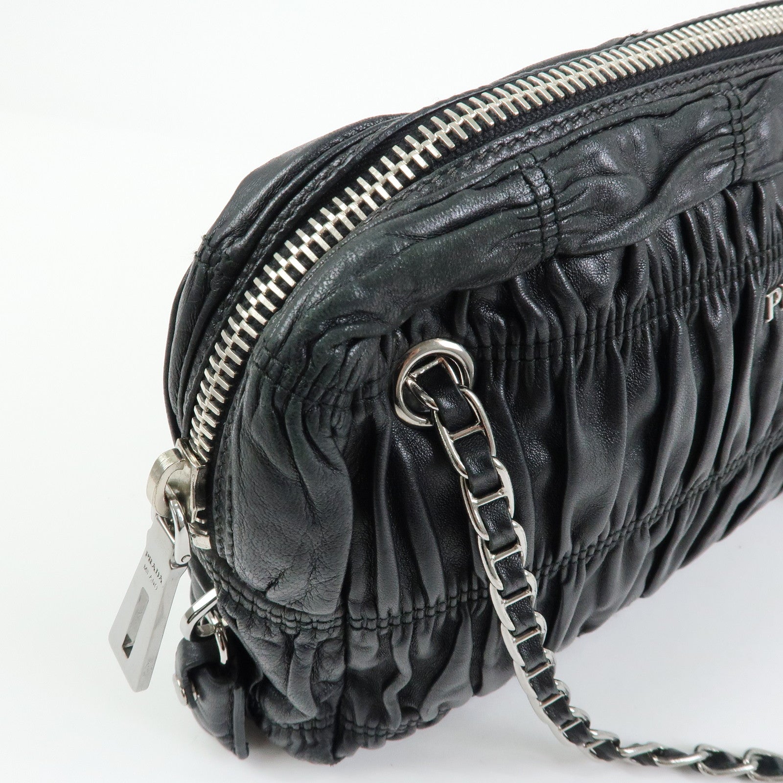 PRADA Logo Nappa Leather Gathered Chain Shoulder Bag Black