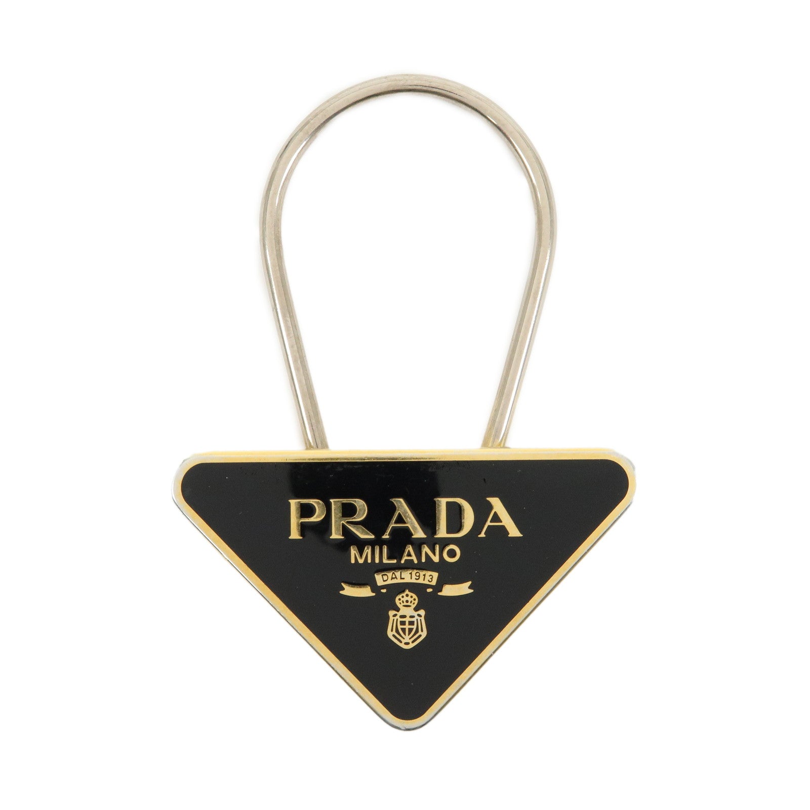 PRADA Triangle Logo Metal Bag Charm Key Charm Black Gold