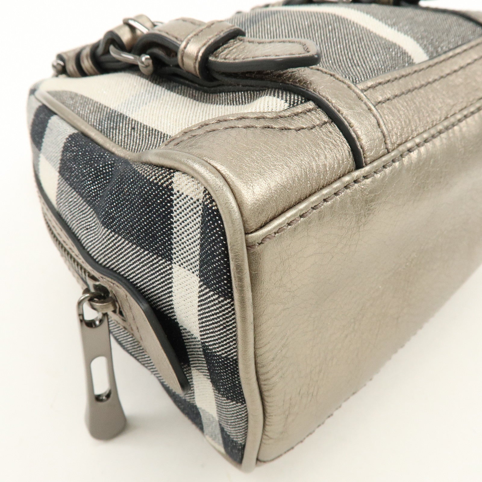 BURBERRY Plaid Canvas Leather Hand Bag Gray Champagne Gold